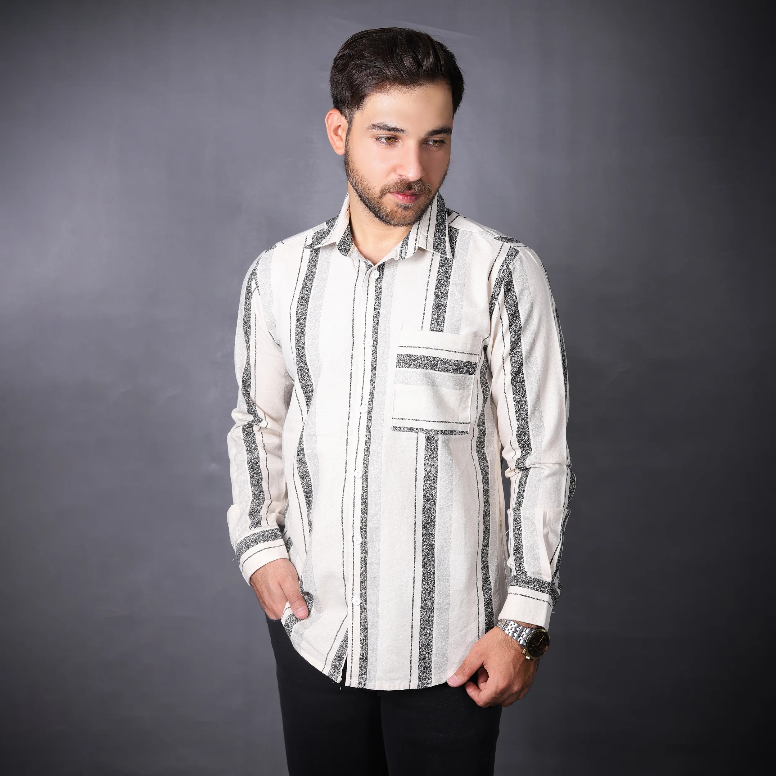 پیراهن آستین بلند مردانه مدل راه راه درشت 1013