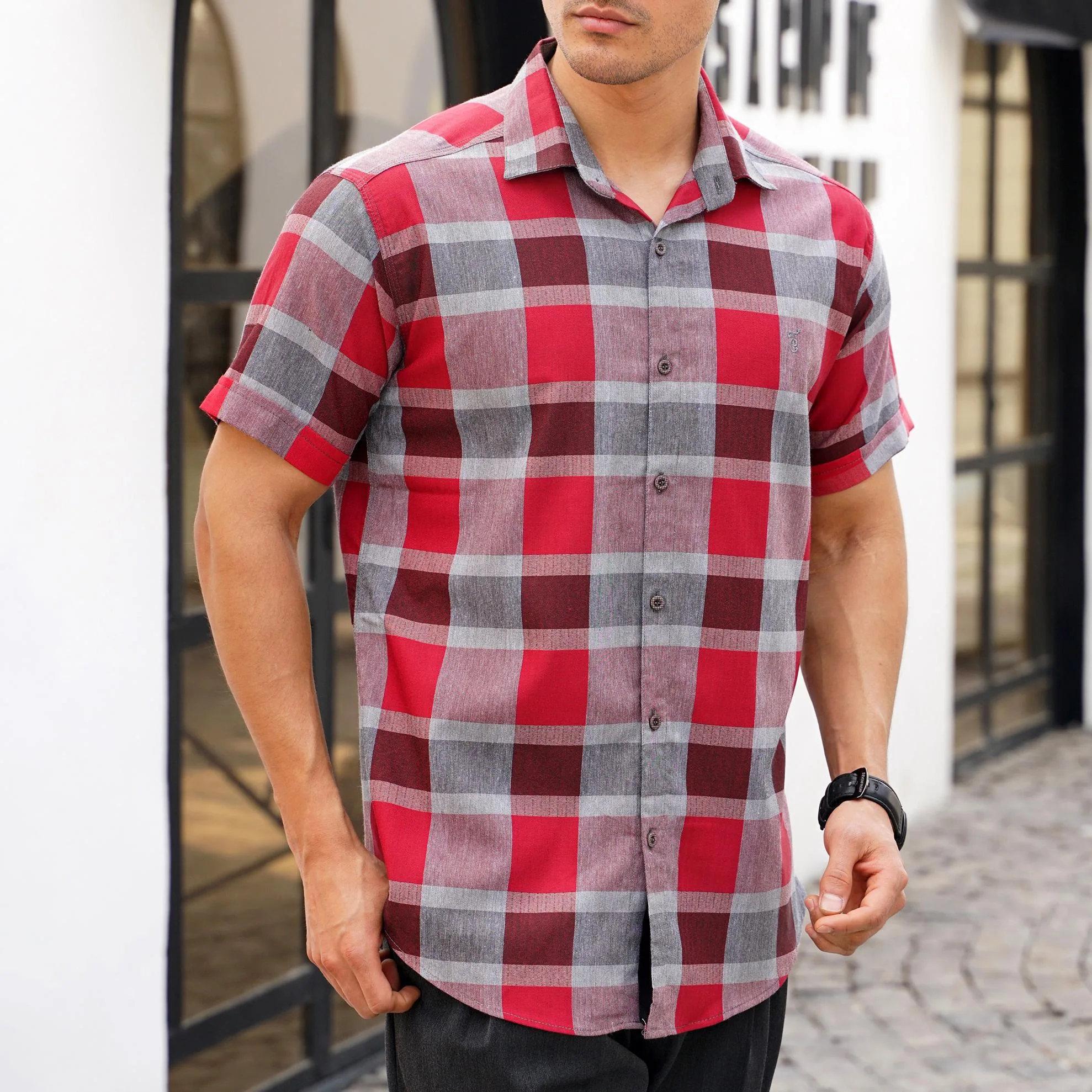 پیراهن آستین کوتاه یقه برگردان مردانه مدل 1168-072