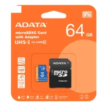 کارت حافظه microSDXC ای دیتا مدل Premier کلاس 10 استاندارد UHS-I V10 A1سرعت 100MBps ظرفیت 64 گیگابایت به همراه آداپتور