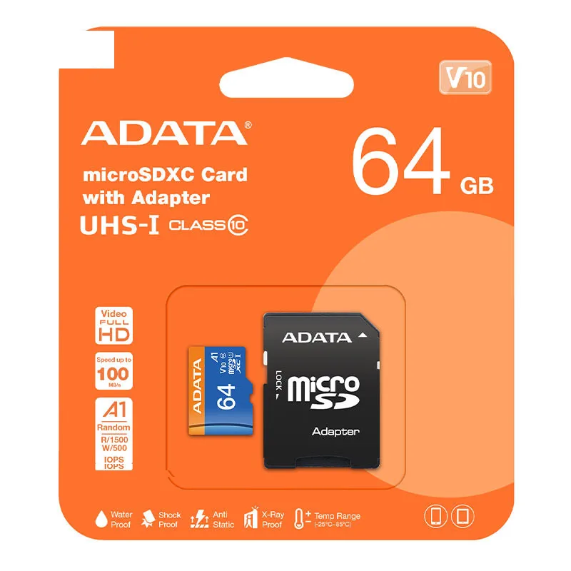 کارت حافظه microSDXC ای دیتا مدل Premier کلاس 10 استاندارد UHS-I V10 A1سرعت 100MBps ظرفیت 64 گیگابایت به همراه آداپتور