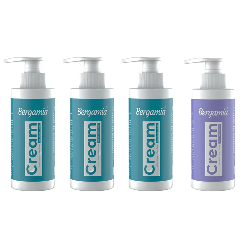 کرم مرطوب کننده دست و ناخن و صورت برگامیا مدل کلاژن شیر و روغن آرگان مناسب انواع پوست حجم 250 میلی لیتر مجموعه 4 عددی