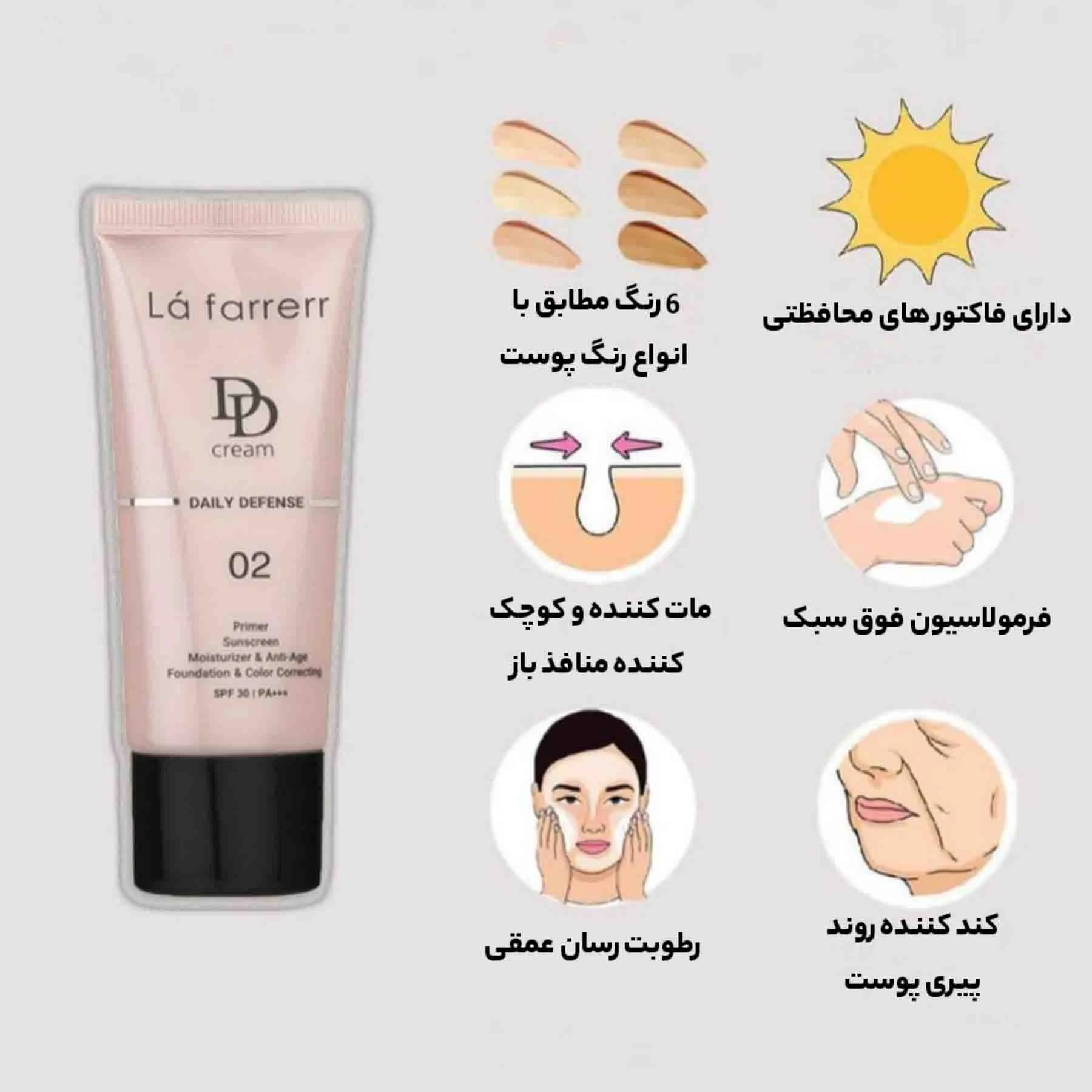 دی دی کرم رنگی لافارر مدل SPF 30 02 مناسب انواع پوست حجم 33 میلی لیتر