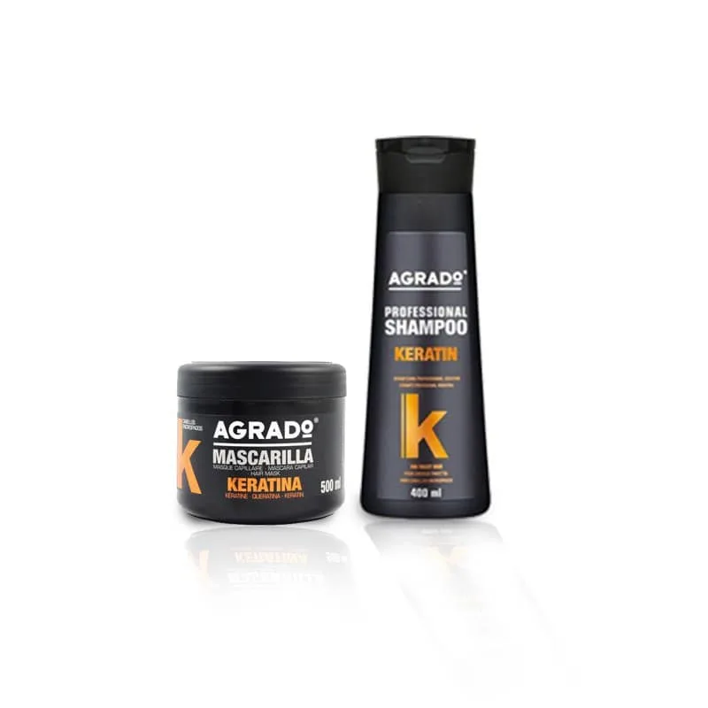 ماسک مو آگرادو مدل Keratina حجم 500 میلی لیتر به همراه شامپو مو مدل Keratin حجم 400 میلی لیتر