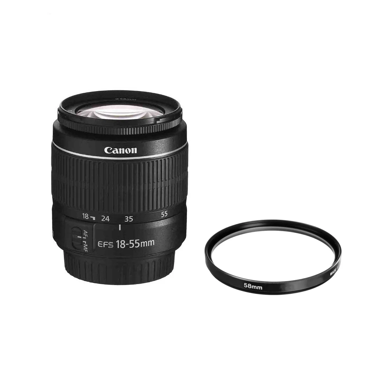 لنز دوربین کانن مدل لنز کانن EF-S 18-55mm f/3.5-5.6 III به همراه فیلتر یو وی 58 کانن و درب 58 کانن