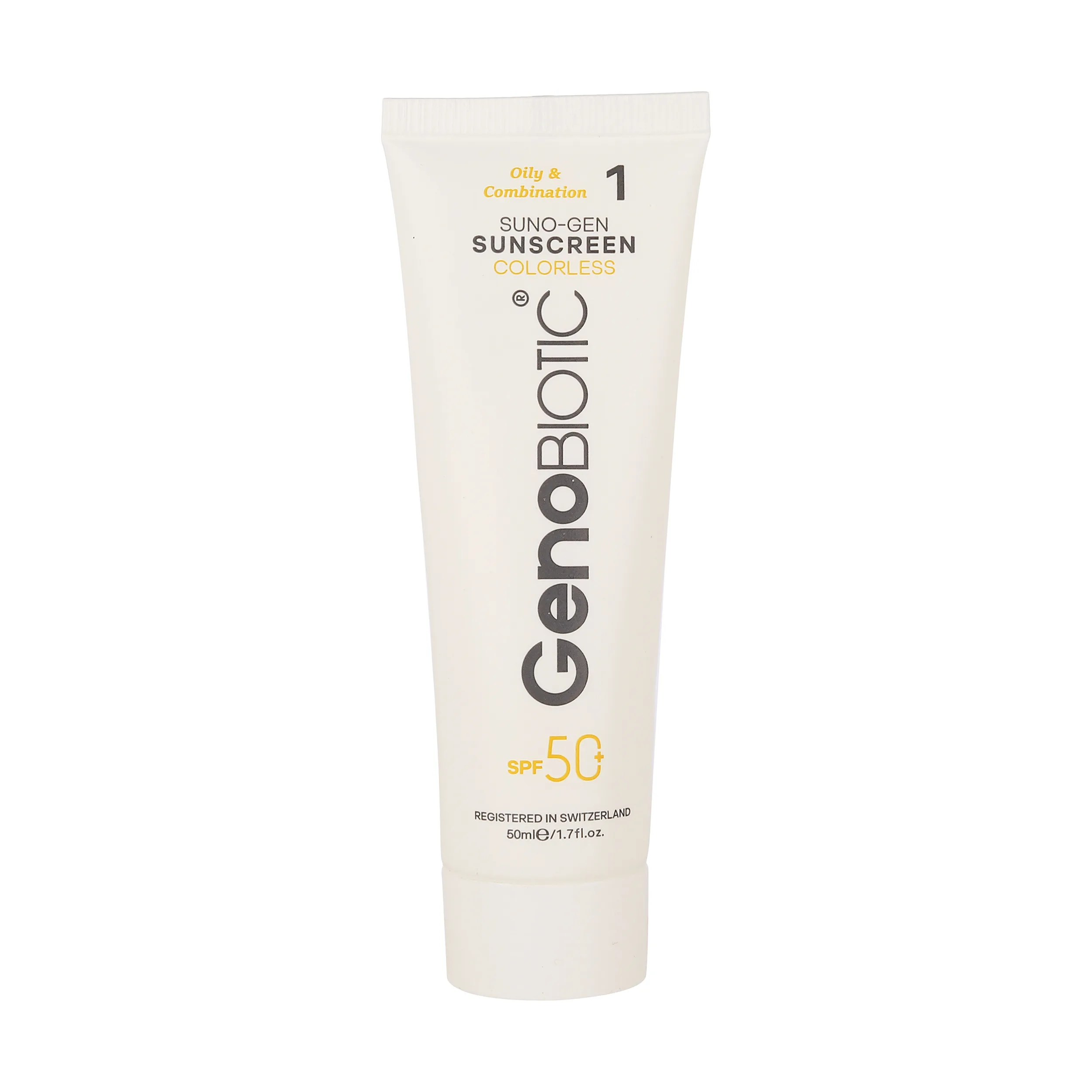 کرم ضدآفتاب بی‌رنگ ژنوبایوتیک SPF50 مدل 01 محافظ UVA ،UVB، مناسب پوست‌های مختلط و چرب، حجم 50 میلی‌لیتر