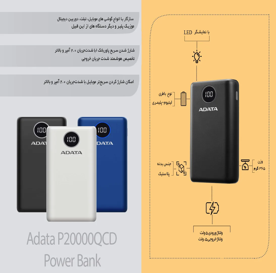 پاوربانک ای دیتا مدل P20000QCD ظرفیت 20000 میلی آمپر ساعت
