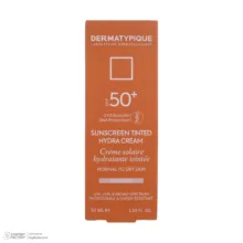 کرم ضد آفتاب رنگی درماتیپیک، 50 SPF، مدل هیدرا، مناسب پوست نرمال تا خشک تنالیته رنگ روشن و حجم 50 میلیلیتر، محافظت کننده در برابر اشعه UVA، UVB، IR، ضد آب، ضد خطوط ریز و پیری پوست، مرطوب کننده، التیامبخش، با ماندگاری 2 ساعته