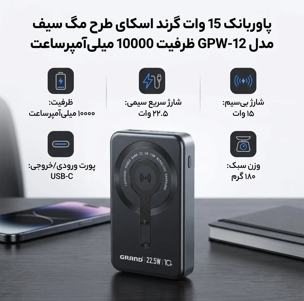 پاوربانک 15 وات گرند اسکای طرح مگ سیف مدل GPW-12 ظرفیت 10000 میلیآمپرساعت