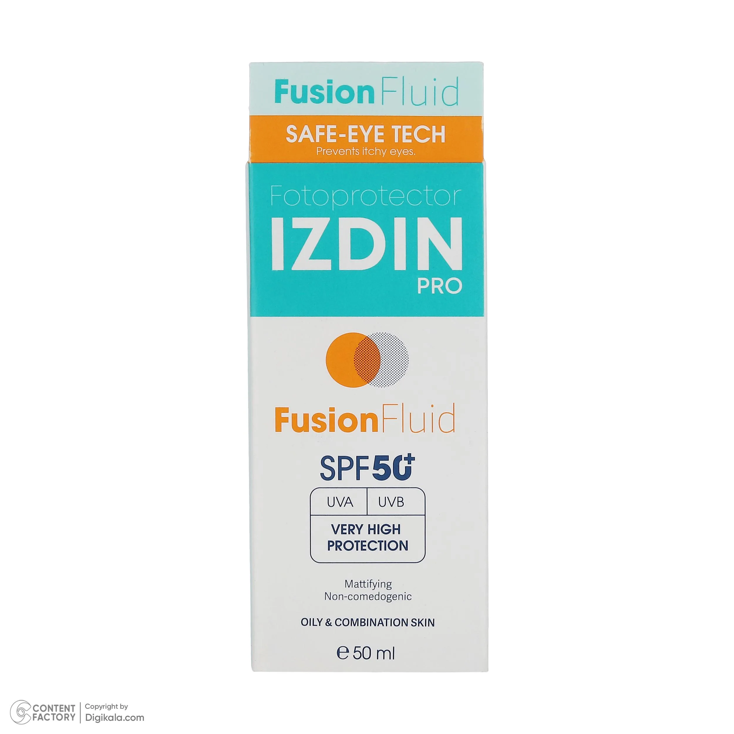 فلوئید ضد آفتاب بیرنگ صورت و گردن ایزدین پرو SPF 50 مدل Safe Eye Tech محافظ در برابر اشعه UVA و UVB مناسب برای پوست چرب و مختلط حجم 50 میلیلیتر