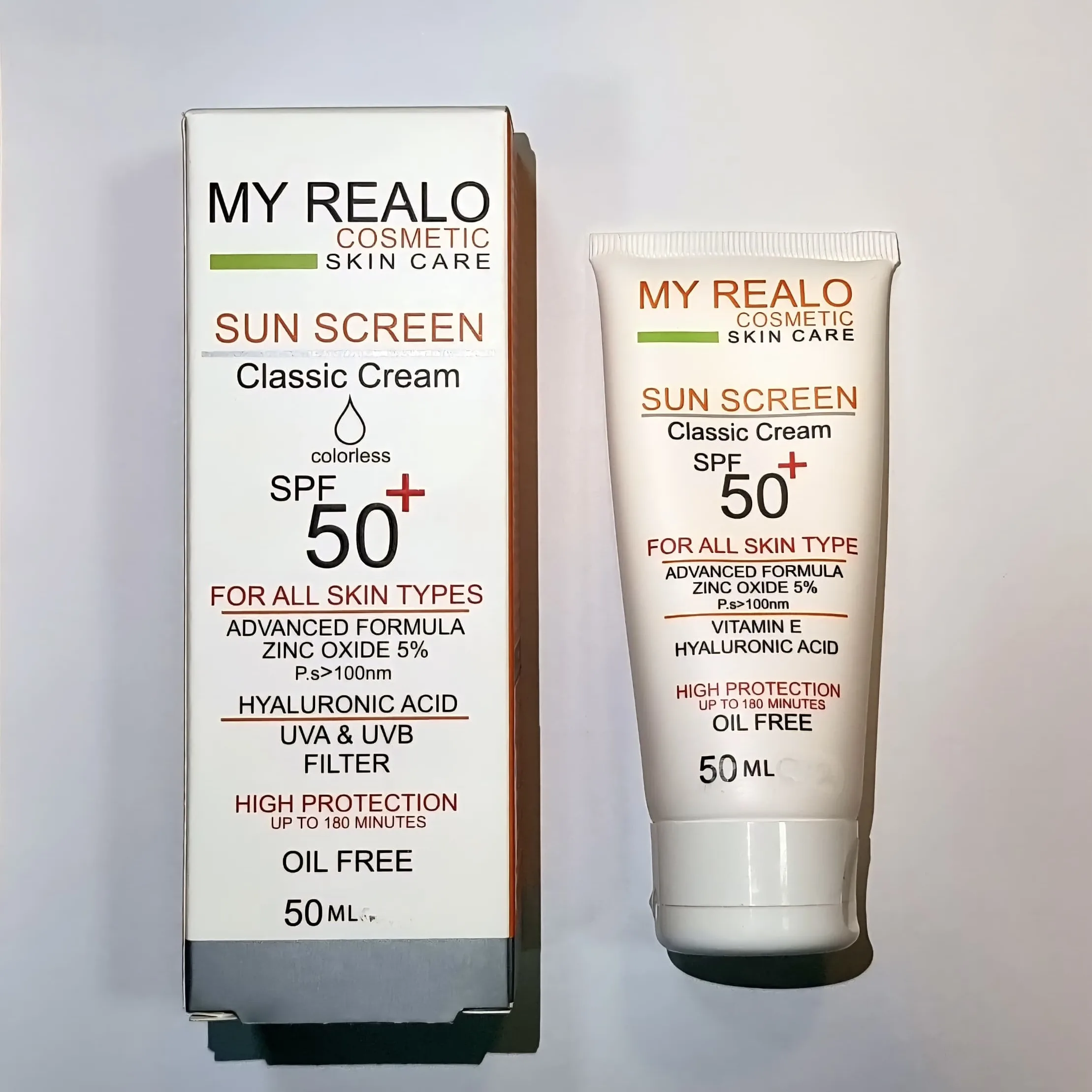 كرم ضدآفتاب بي رنگ دست،صورت،گردن،بدن مايرئالو SPF 50 مدل كلاسيك محافظ در برابر اشعه UVA و UVB مناسب براي انواع پوست حجم ٥٠ ميلي ليتر