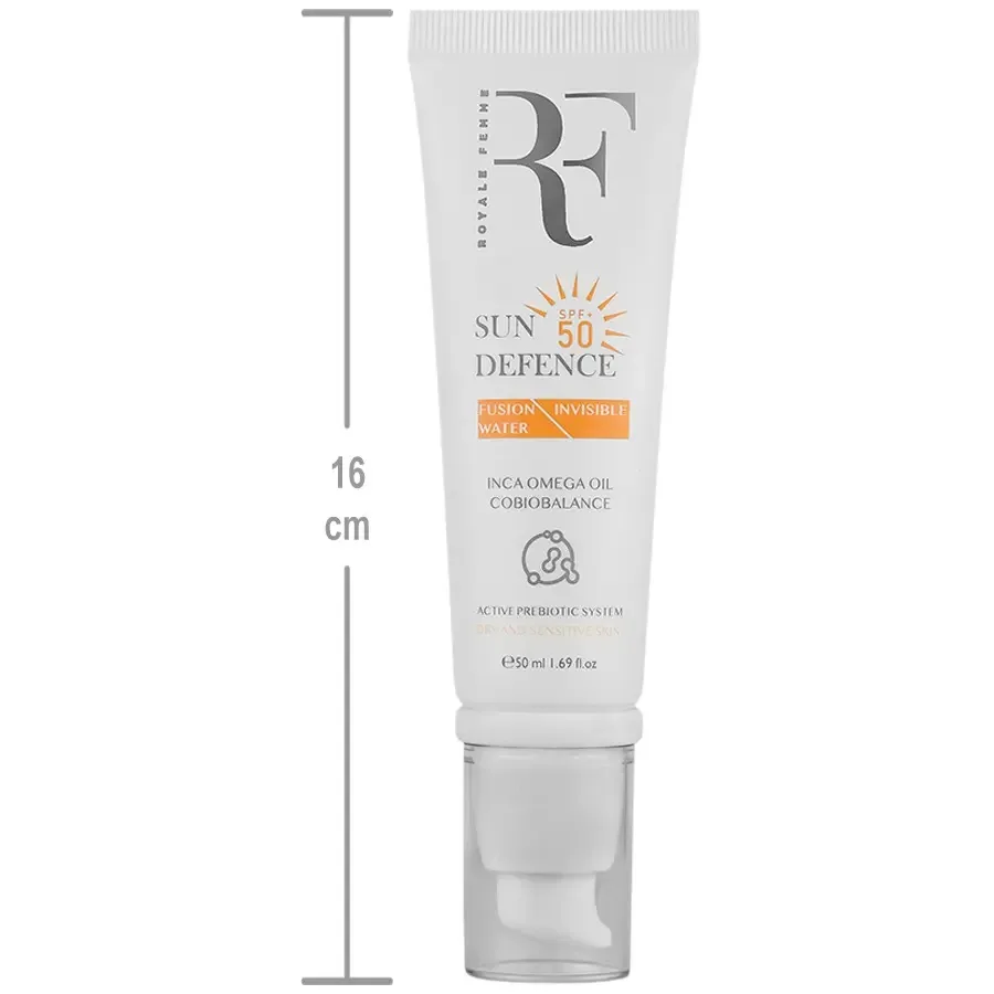 کرم ضد آفتاب بدون رنگ آر.اف رویال فم SPF50 مدل Fusion water مناسب پوست خشک و حساس حجم 50 میلیلیتر
