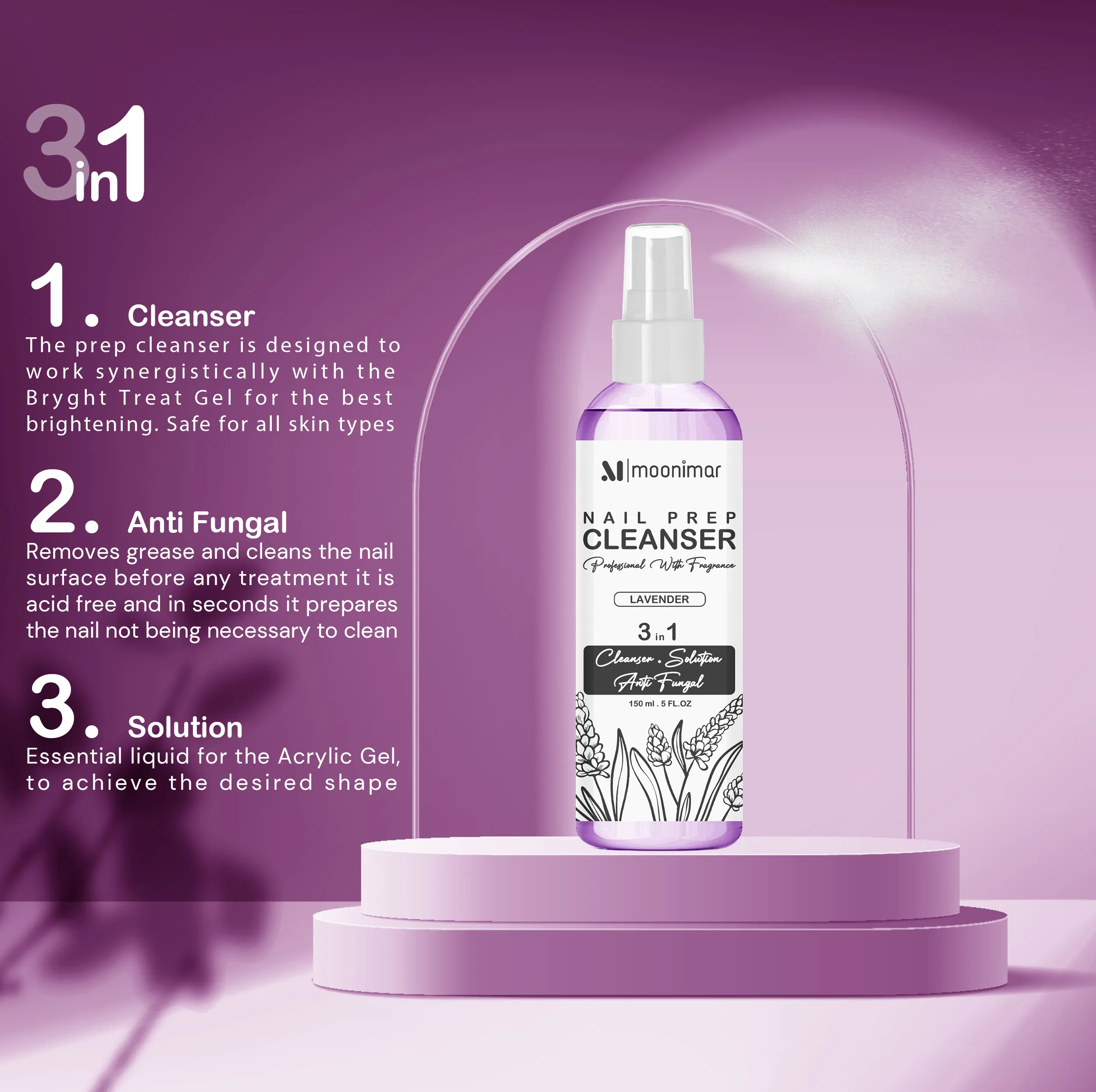 کلینزر کاشت ناخن مونیمار مدل Lavender حجم 150 میلی لیتر