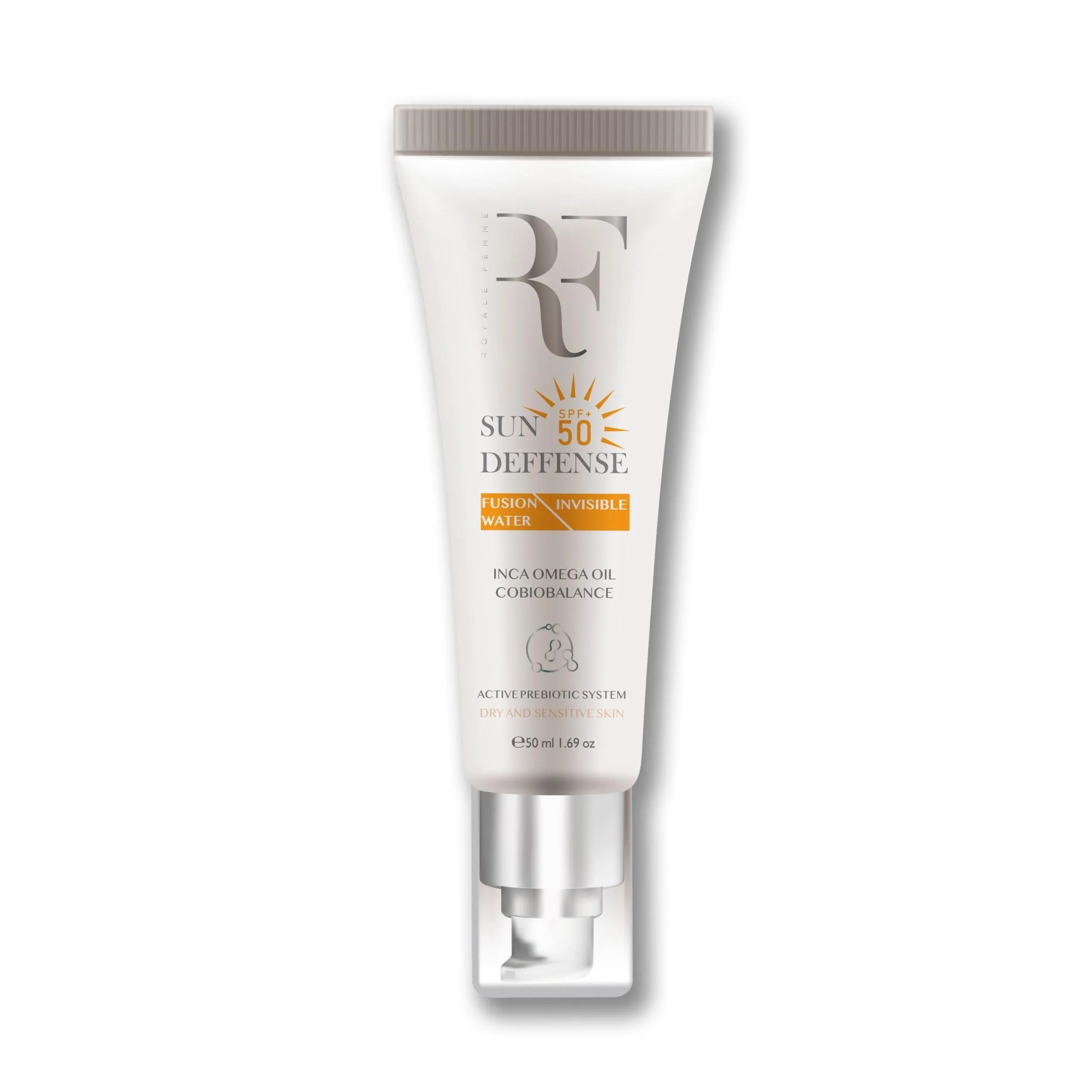کرم ضد آفتاب بدون رنگ آر.اف رویال فم SPF50 مدل   Fusion water  مناسب برای پوست چرب و مختلط حجم 50 میلی لیتر