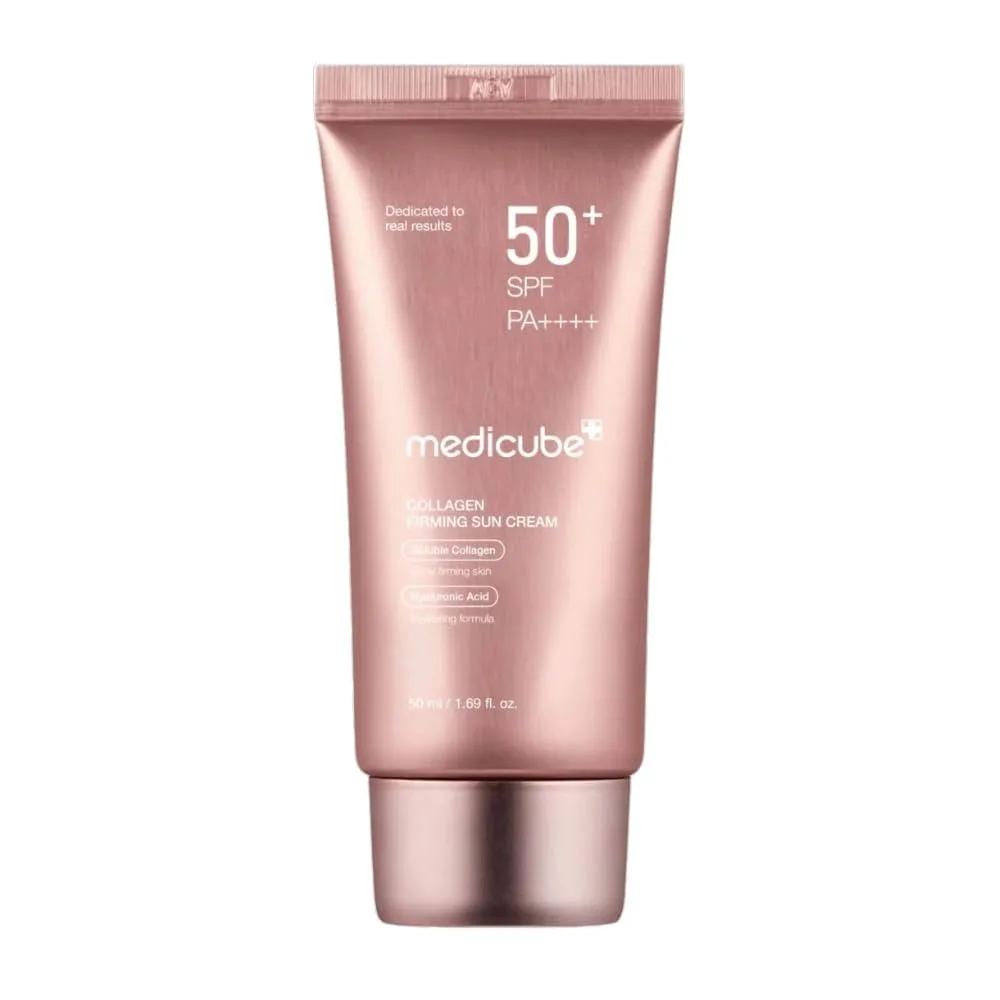 کرم ضد آفتاب بدون رنگ دست و صورت مدیکیوب spf50 مدل کلاژن محافظ UVA،UVB مناسب برای انواع پوست حجم 50 میلی لیتر