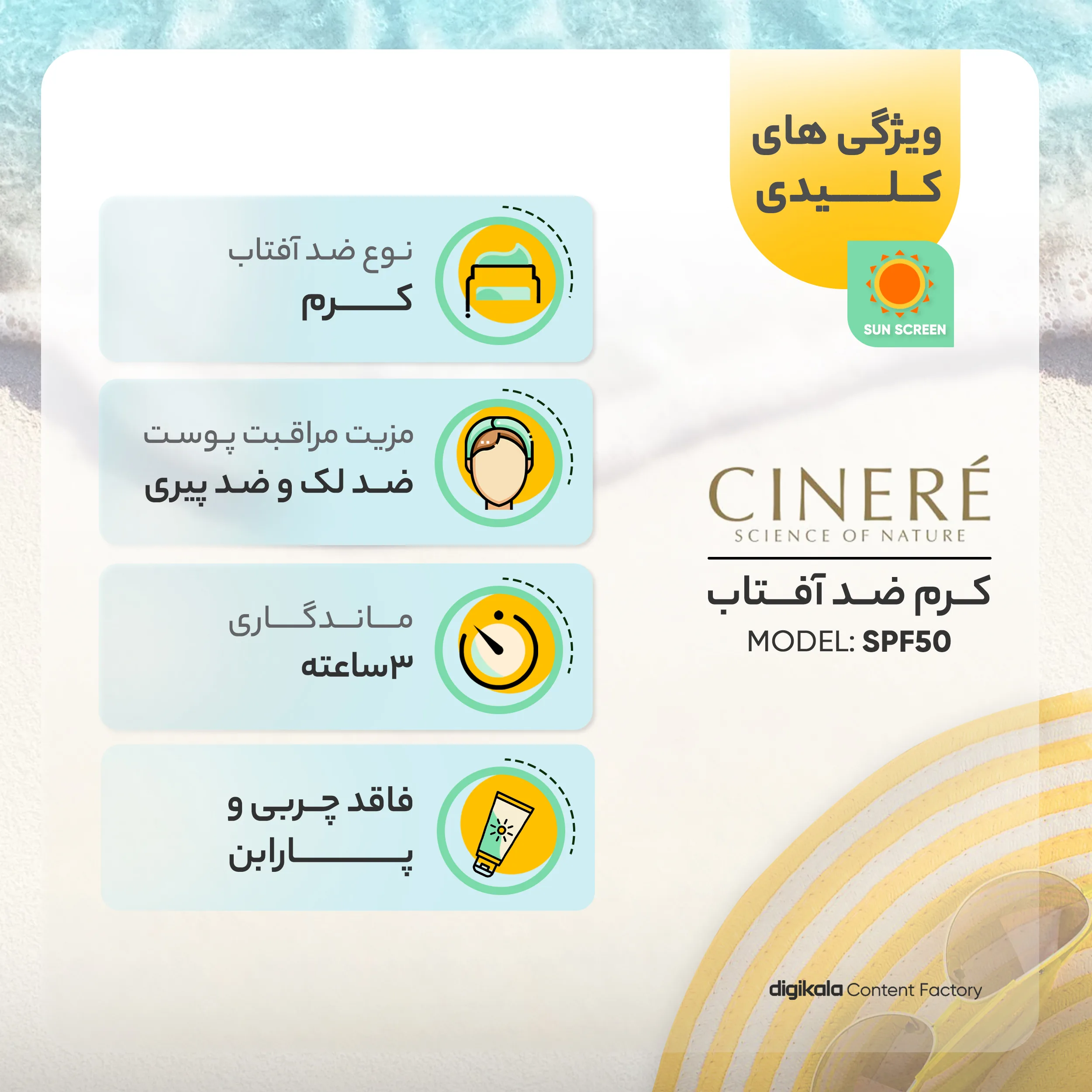 کرم ضدآفتاب بیرنگ سینره مدل SPF50 مناسب پوست چرب، حجم 50 میلیلیتر