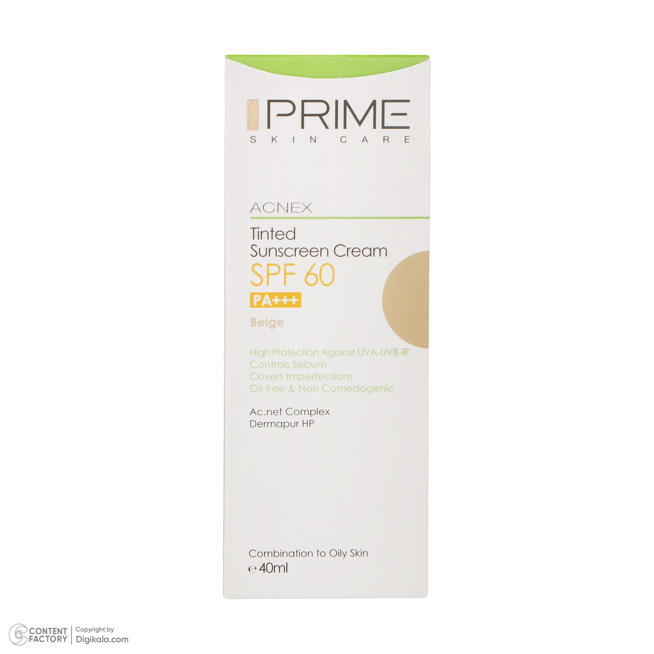 کرم ضدآفتاب رنگی پرایم مدل Acnex Beige SPF60، مناسب پوستهای چرب، حجم 40 میلیلیتر