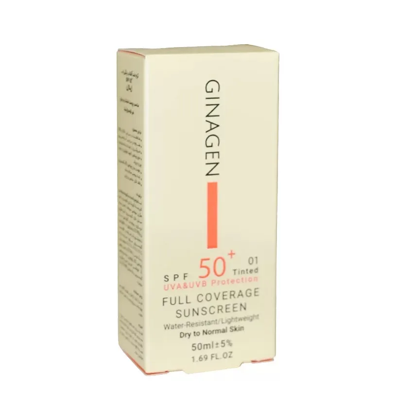 کرم ضد آفتاب رنگی ژیناژن، SPF 50، مدل 01، مناسب پوستهای خشک و نرمال با تنالیته متوسط و حجم 50 میلیلیتر، ضد آب، فاقد پارابن، محافظتکننده در برابر اشعههای UVA و UVB، ارای فرمولاسیون بدون الکل و گلیسیرین غنی شده با ویتامین E، با ماندگاری 4 ساعته
