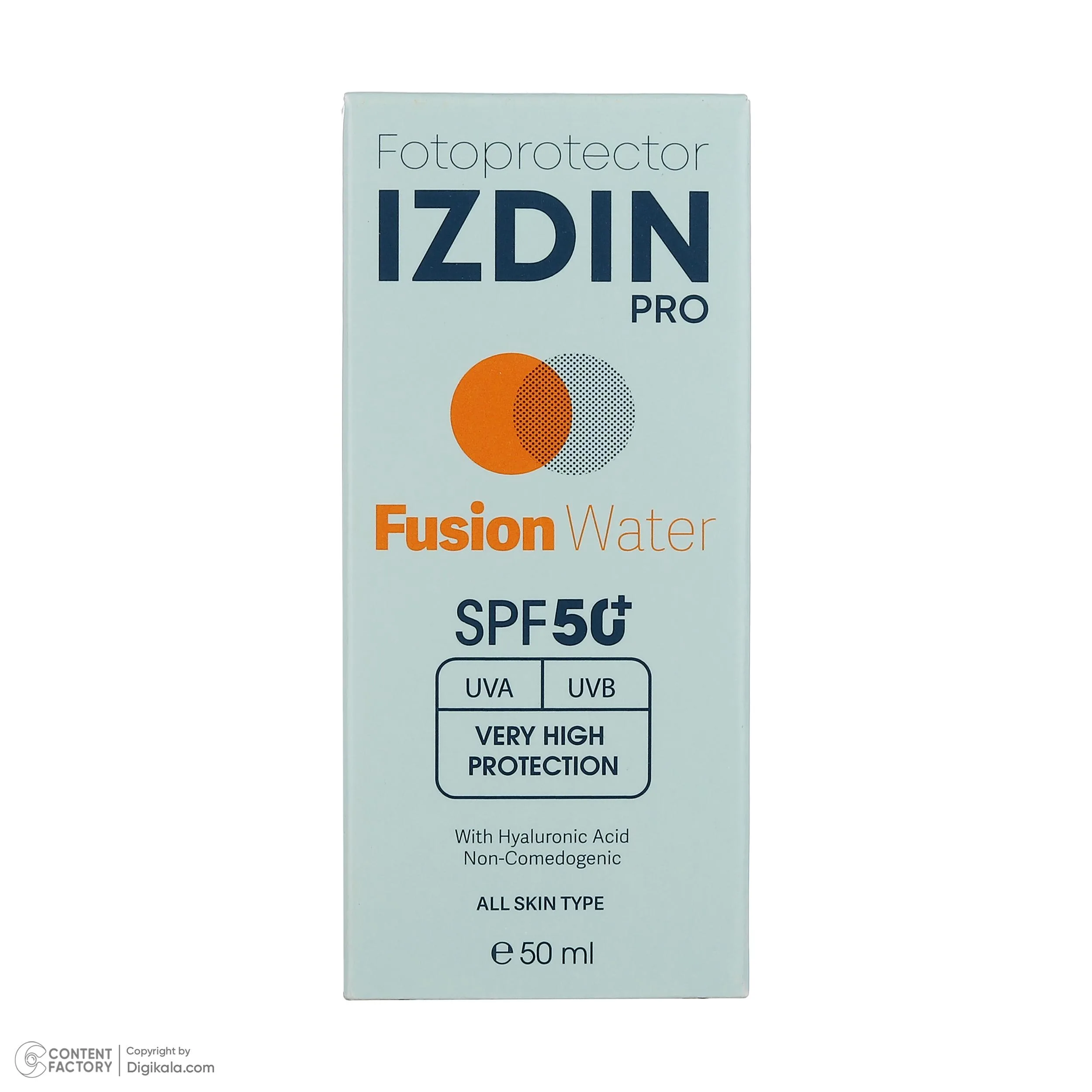 فلوئید ضد آفتاب بیرنگ صورت و گردن ایزدین پرو SPF 50 مدل Fusion Water محافظ در برابر اشعه UVA و UVB مناسب برای انواع پوست حجم 50 میلیلیتر