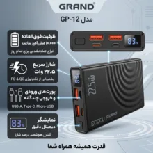 پاوربانک 22.5 وات گرند اسکای مدل GP-12 ظرفیت 10000 میلی‌آمپرساعت