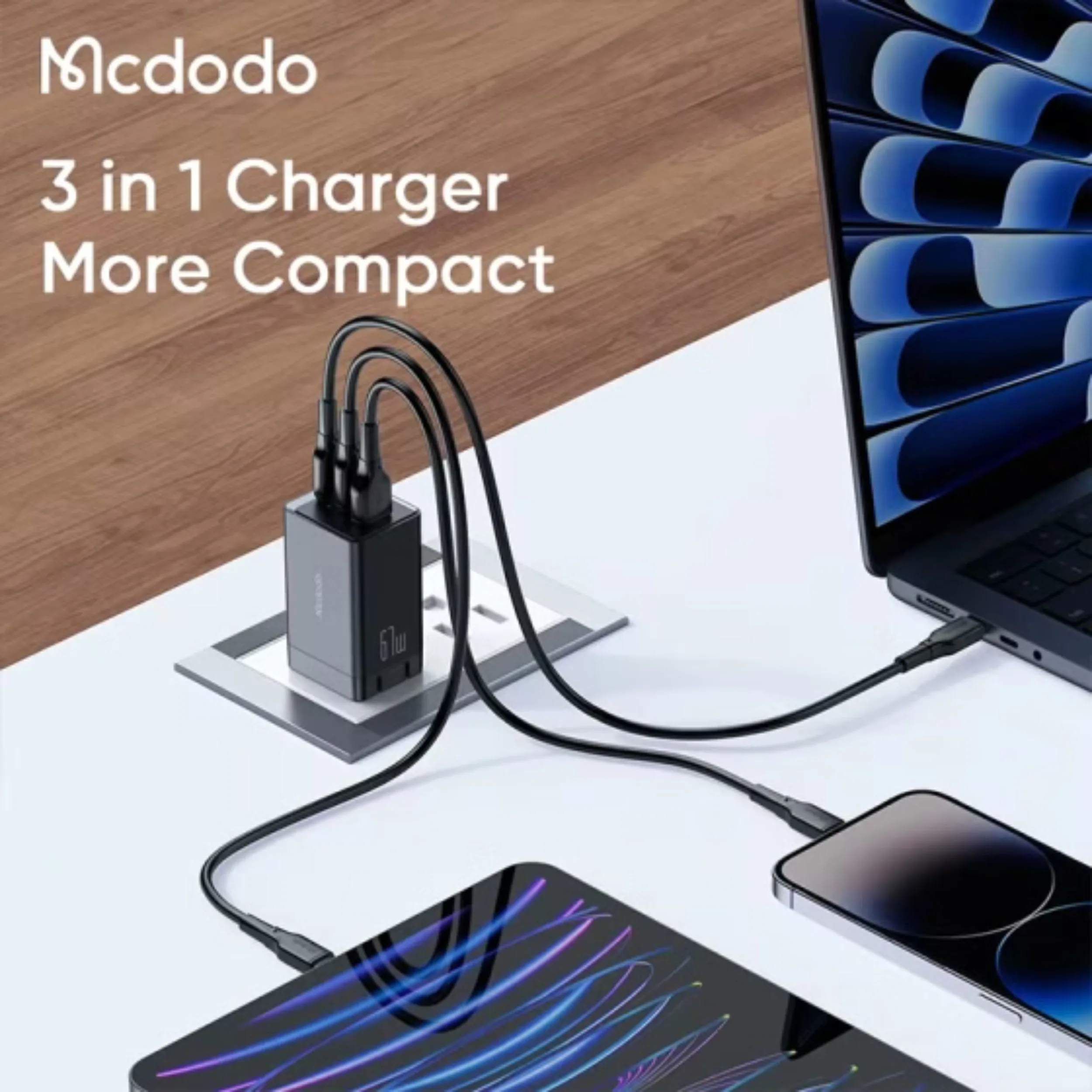شارژر 67 وات دارای 2 پورت مک دودو مدل CH1536 به همراه کابل usb-c