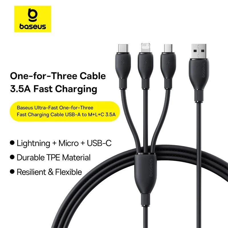 کابل تبدیل USB به لایتنینگ/USB-C/micro-USB بیسوس مدل Ultra-Fast 3.5A طول 1.3 متر