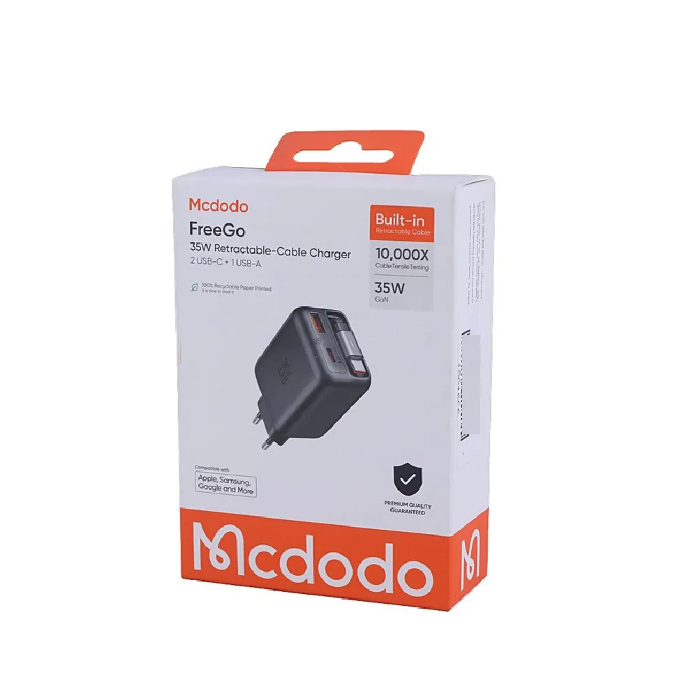 شارژر دیواری 35 وات 3 پورت مک دودو مدل FreeGo CH-1280 با کابل جمع شونده تایپ سی