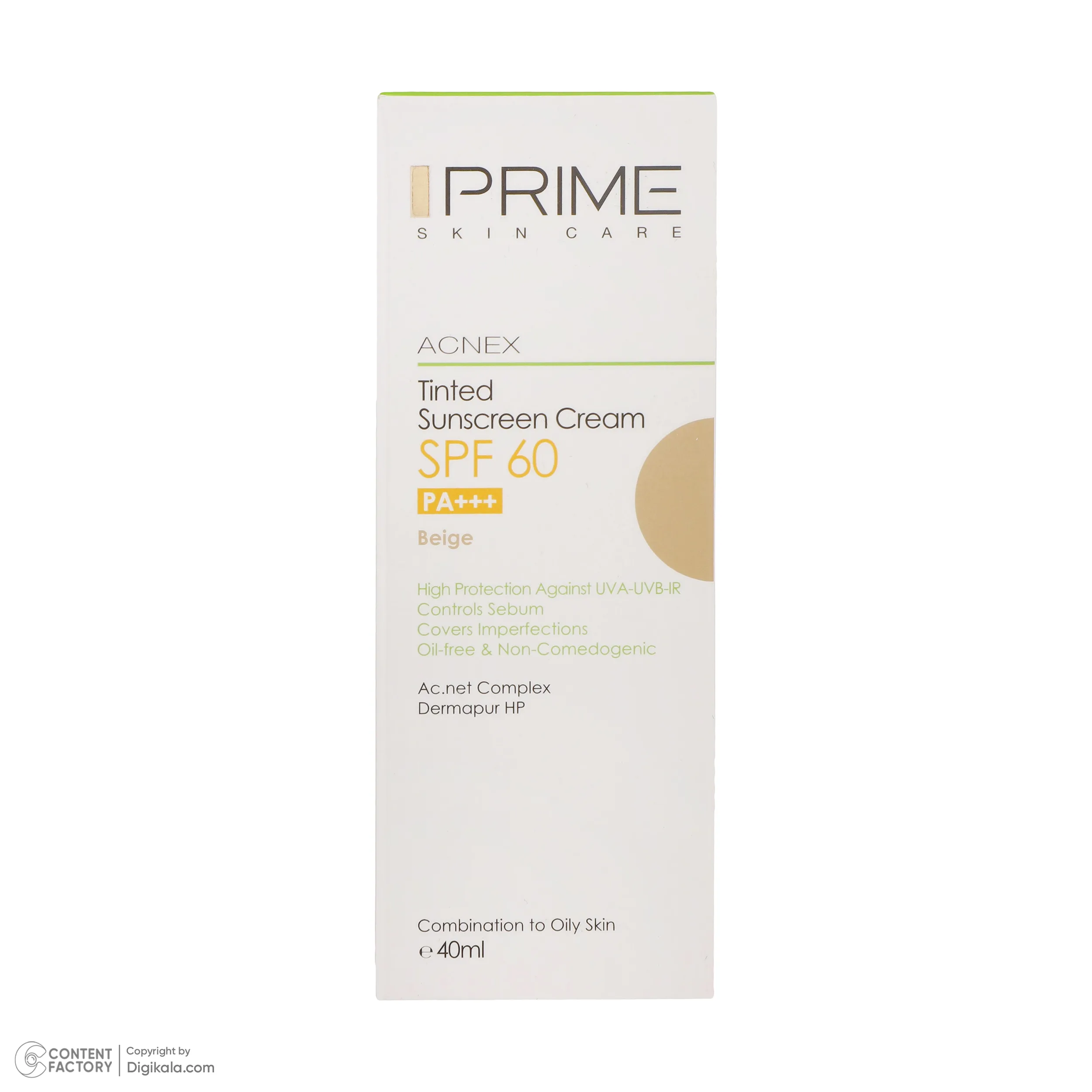 کرم ضدآفتاب رنگی پرایم مدل Acnex Beige SPF60، مناسب پوستهای چرب، حجم 40 میلیلیتر