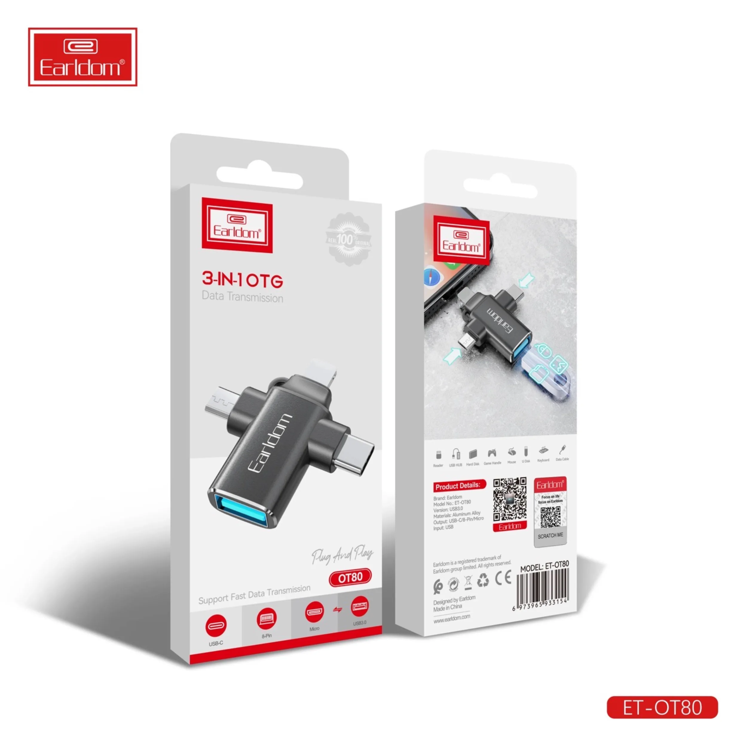 مبدل USB OTG به microUSB / لایتنینگ / USB-C ارلدام مدل ET-OT80