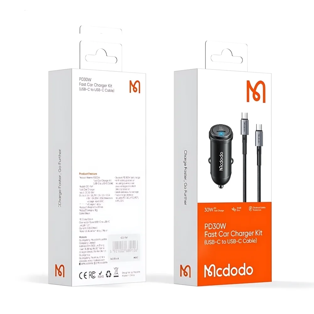شارژر فندکی 30 وات مک دودو مدل CC-7493 W-Cable به همراه کابل USB-C