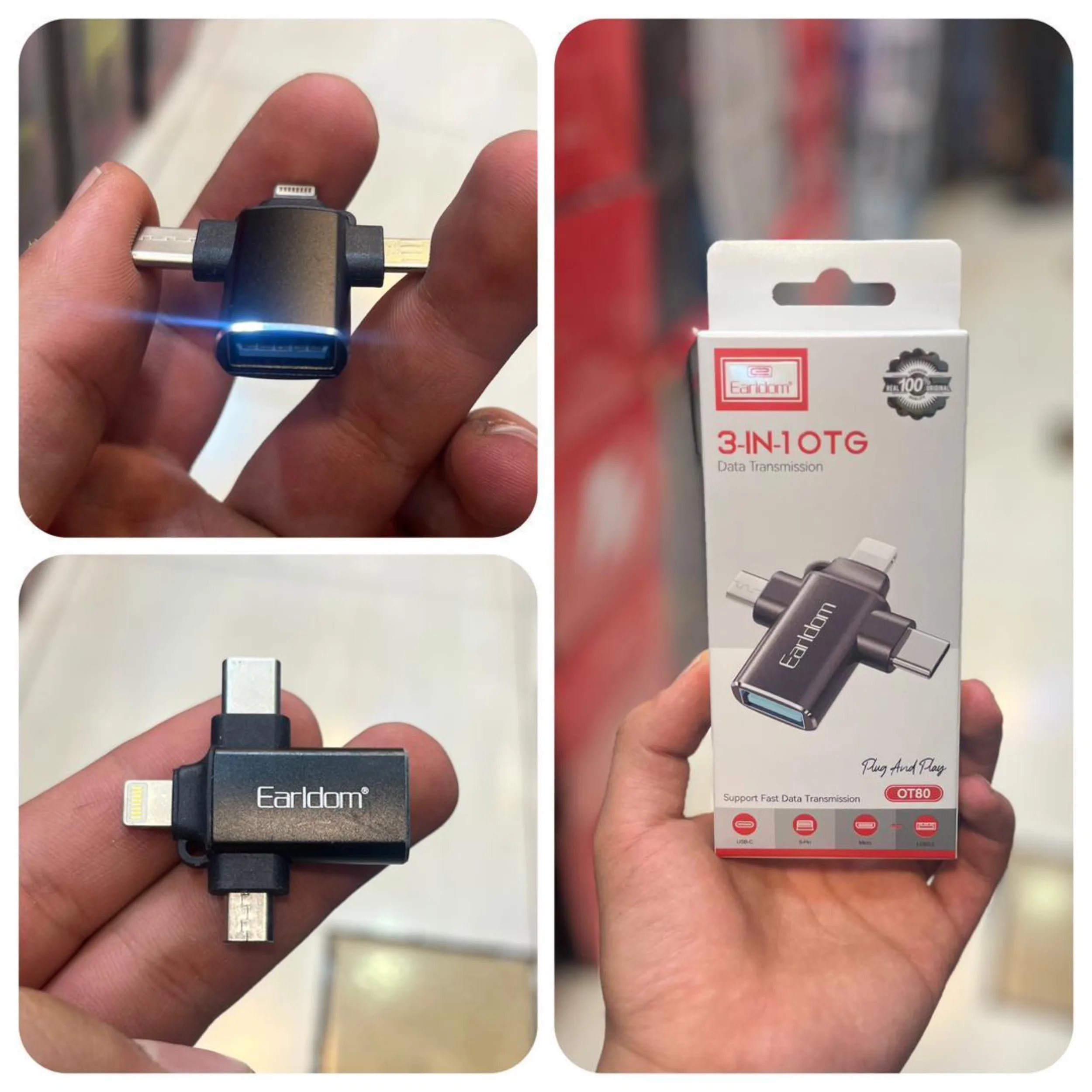 مبدل USB OTG به microUSB / لایتنینگ / USB-C ارلدام مدل ET-OT80