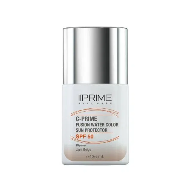 فلوئید ضد آفتاب رنگی پرایم، SPF 50، مدل فیوژن واتر، مناسب انواع پوست با تنالیته روشن و حجم 40 میلی لیتر، محافظتکننده در برابر اشعههای PA++++ ،UVA ،UVB، دارای فرمولاسیون فاقد چربی، ویتامین سی و آنتی اکسیدان، با ماندگاری 4 ساعته