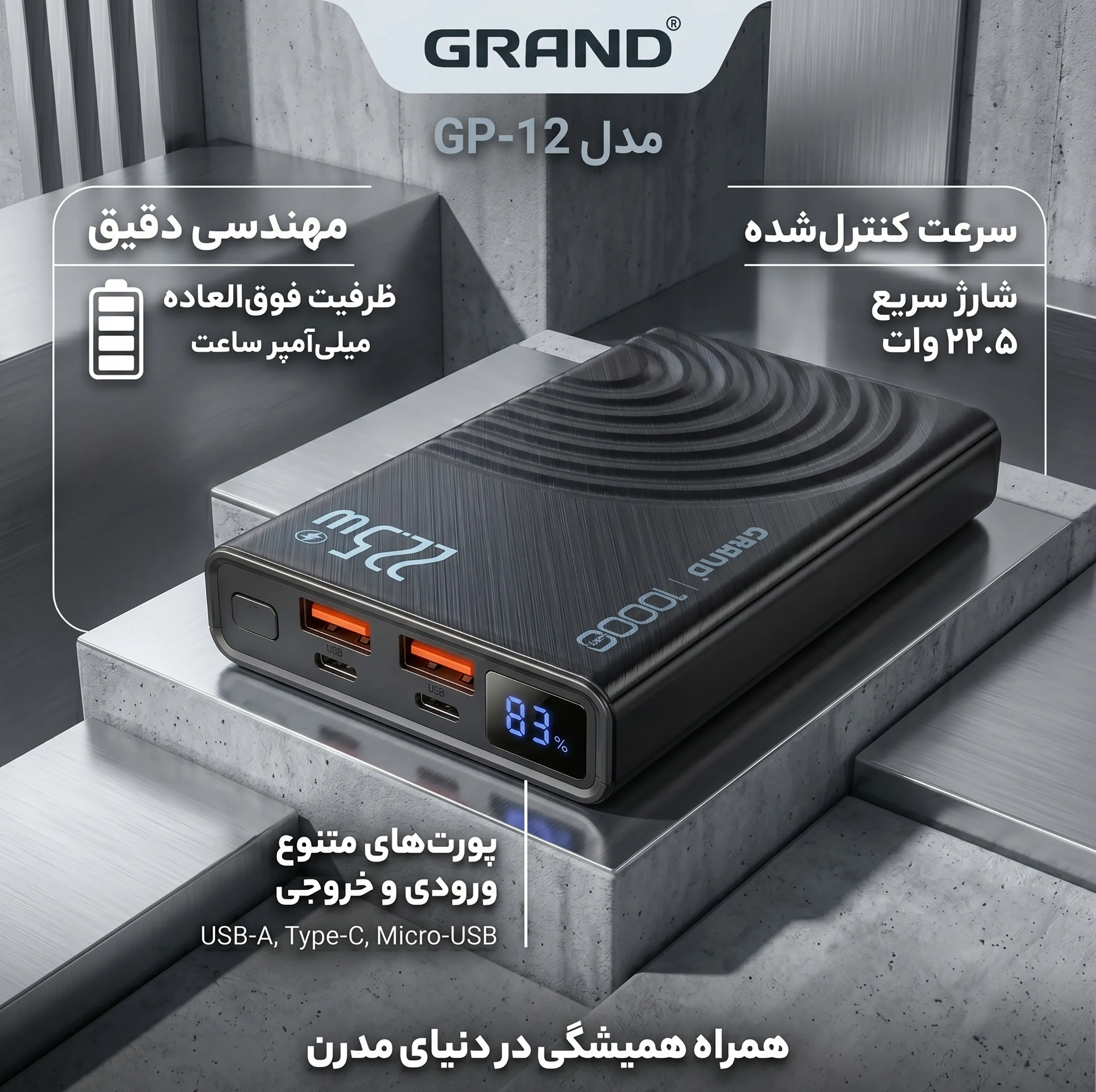 پاوربانک 22.5 وات گرند اسکای مدل GP-12 ظرفیت 10000 میلی‌آمپرساعت