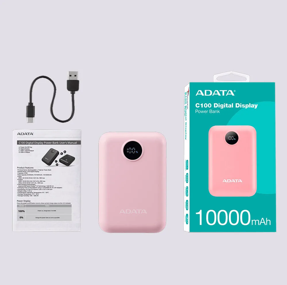 پاوربانک 20 وات ای دیتا مدل C100 Digital Display ظرفیت 10000 میلی‌آمپرساعت