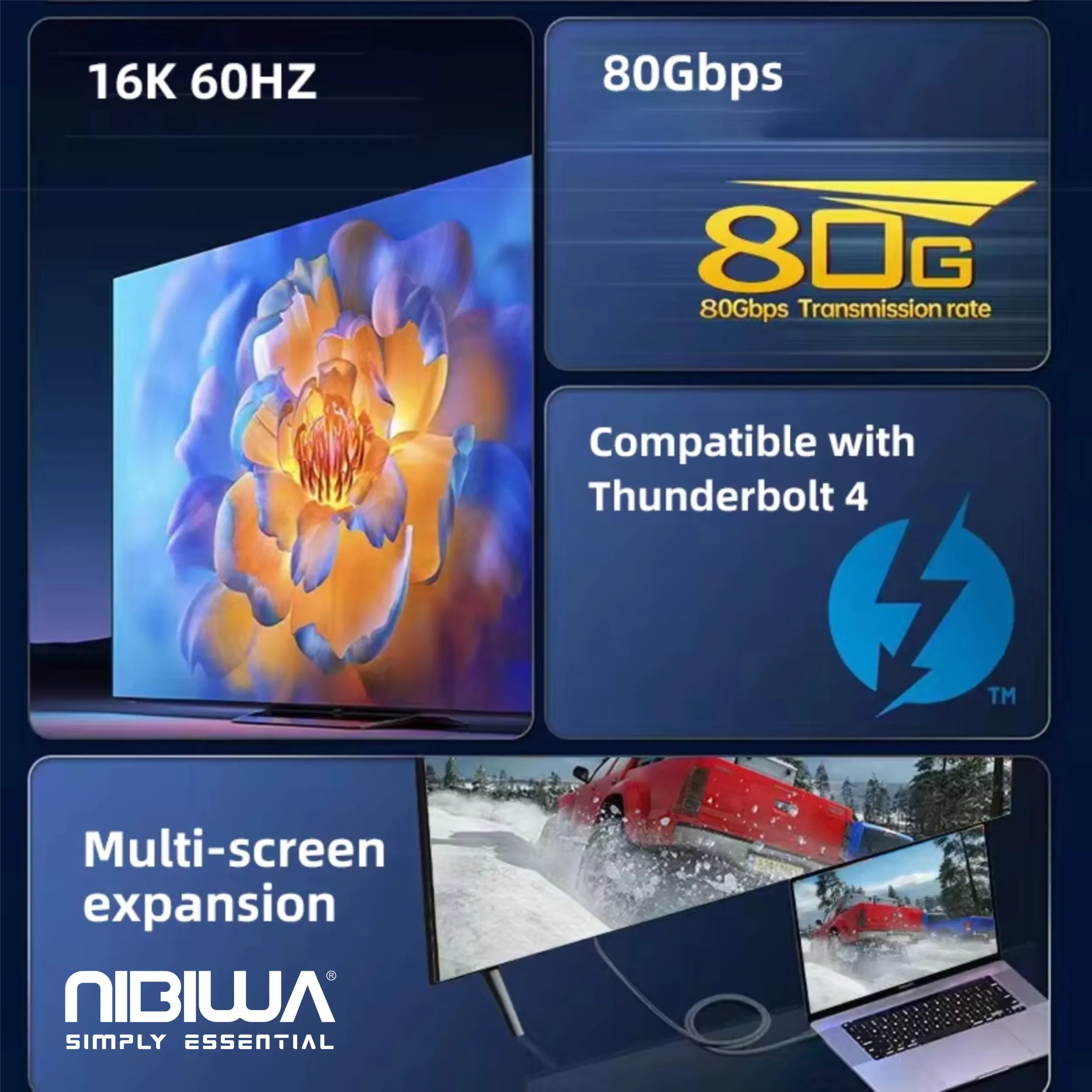 کابل USB-C نیبیوا مدل USB4 V2 ThunderBolt 5 طول 1 متر