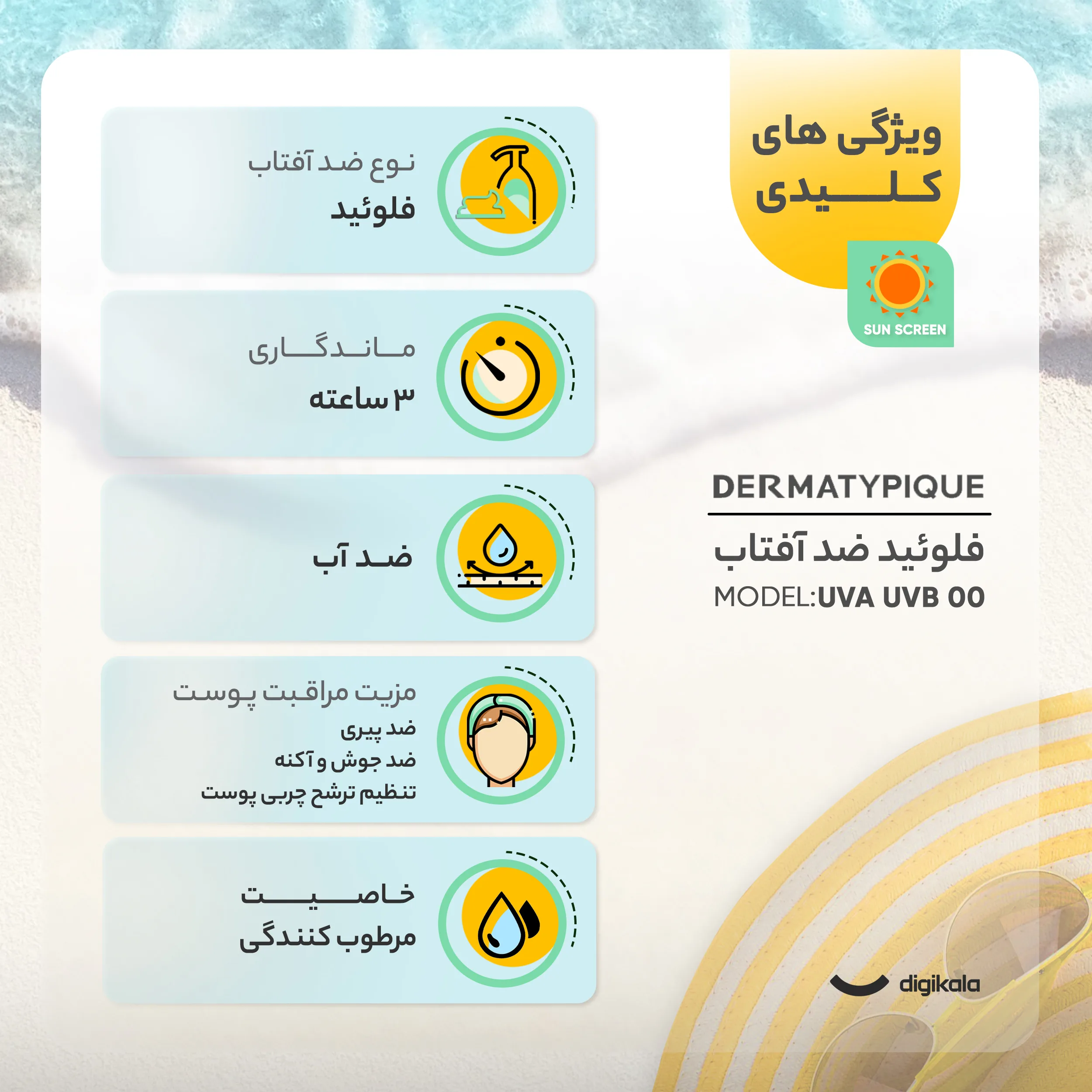فلوئید ضدآفتاب رنگی درماتیپیک، 50 SPF، مدل TINTED FLUID، مناسب پوست مختلط تا چرب تنالیته رنگ خیلی روشن و حجم 50 میلیلیتر، محافظت کننده در برابر اشعه UVA، UVB، IR، ضد آب، فاقد چربی، محافظ DNA سلولی، تنظیم کننده چربی و ضد پیری پوست، با ماندگاری 2 ساعته