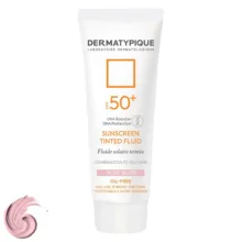 فلوئید ضدآفتاب رنگی درماتیپیک، 50 SPF، مدل TINTED FLUID، مناسب پوست مختلط تا چرب تنالیته رنگ خیلی روشن و حجم 50 میلی‌لیتر، محافظت کننده در برابر اشعه UVA، UVB، IR، ضد آب، فاقد چربی، محافظ DNA سلولی، تنظیم کننده چربی و ضد پیری پوست، با ماندگاری 2 ساعته