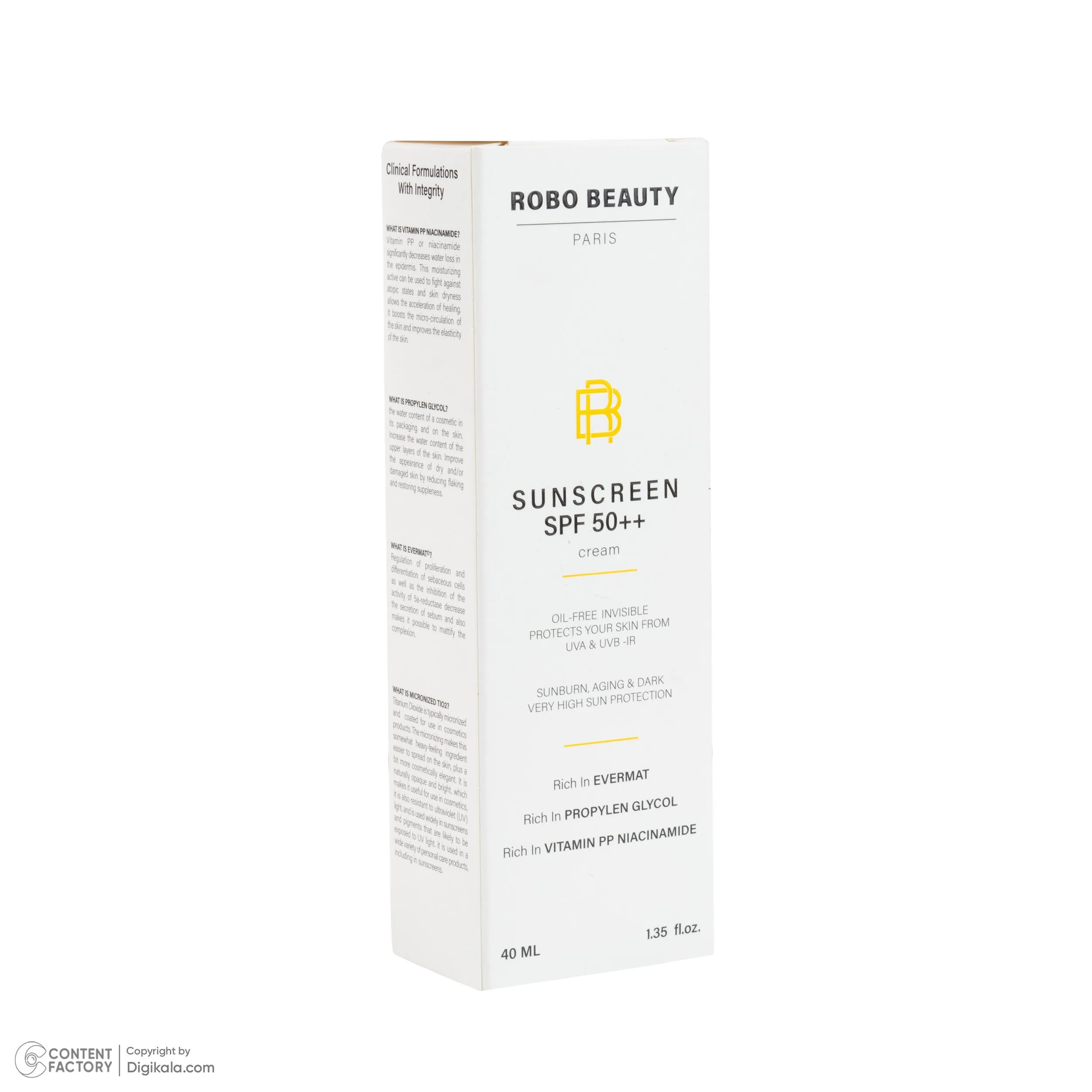 کرم ضد آفتاب بیرنگ صورت روبو بیوتی SPF 50 مدل Niacinamide محافظ UVA،UVB مناسب برای انواع پوست حجم 40 میلی لیتر