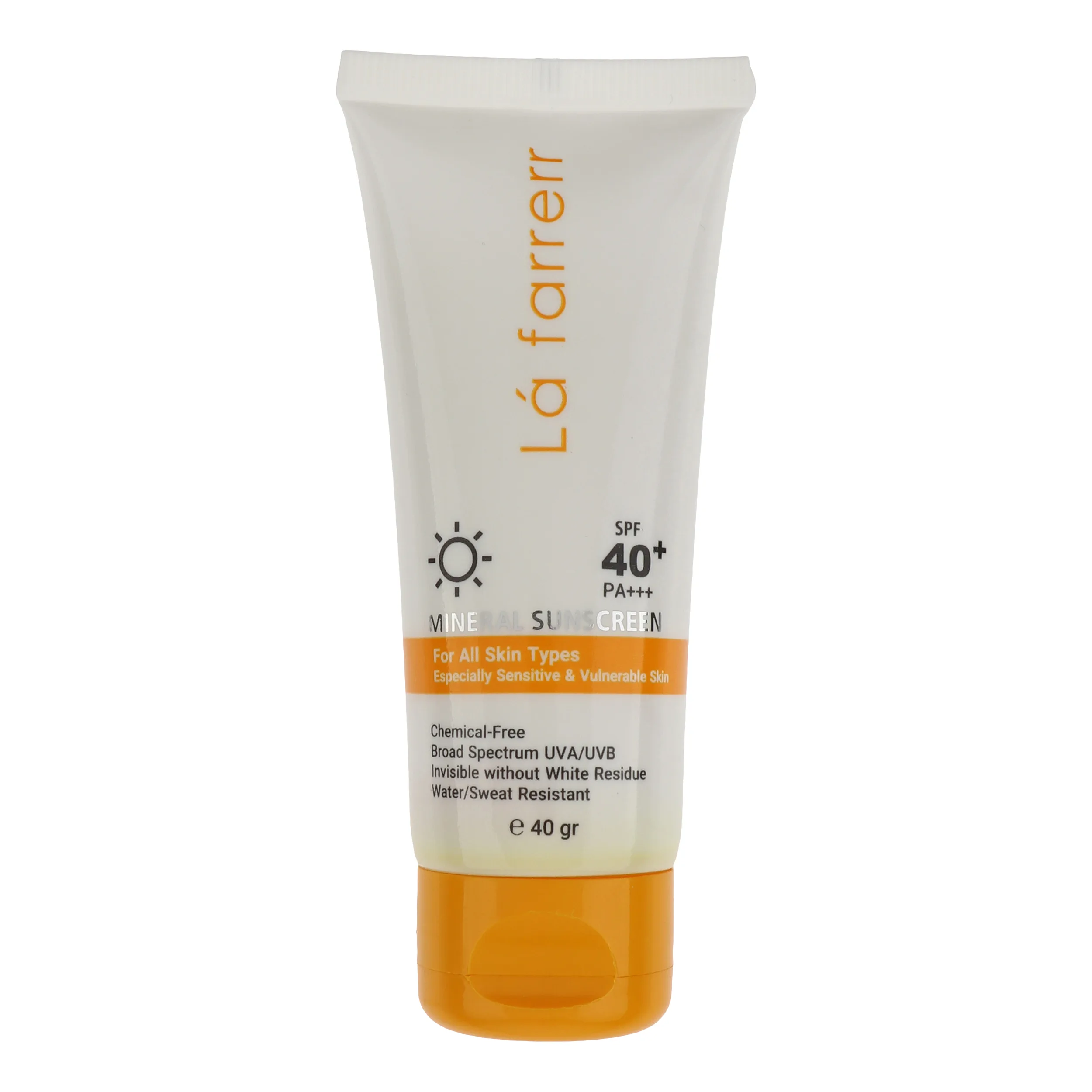 کرم ضد آفتاب بدون رنگ لافارر SPF 40 مدل مینرال حاوی محافظ UVA و UVB و PA+++مناسب پوستهای حساس حجم 40 میلیلیتر