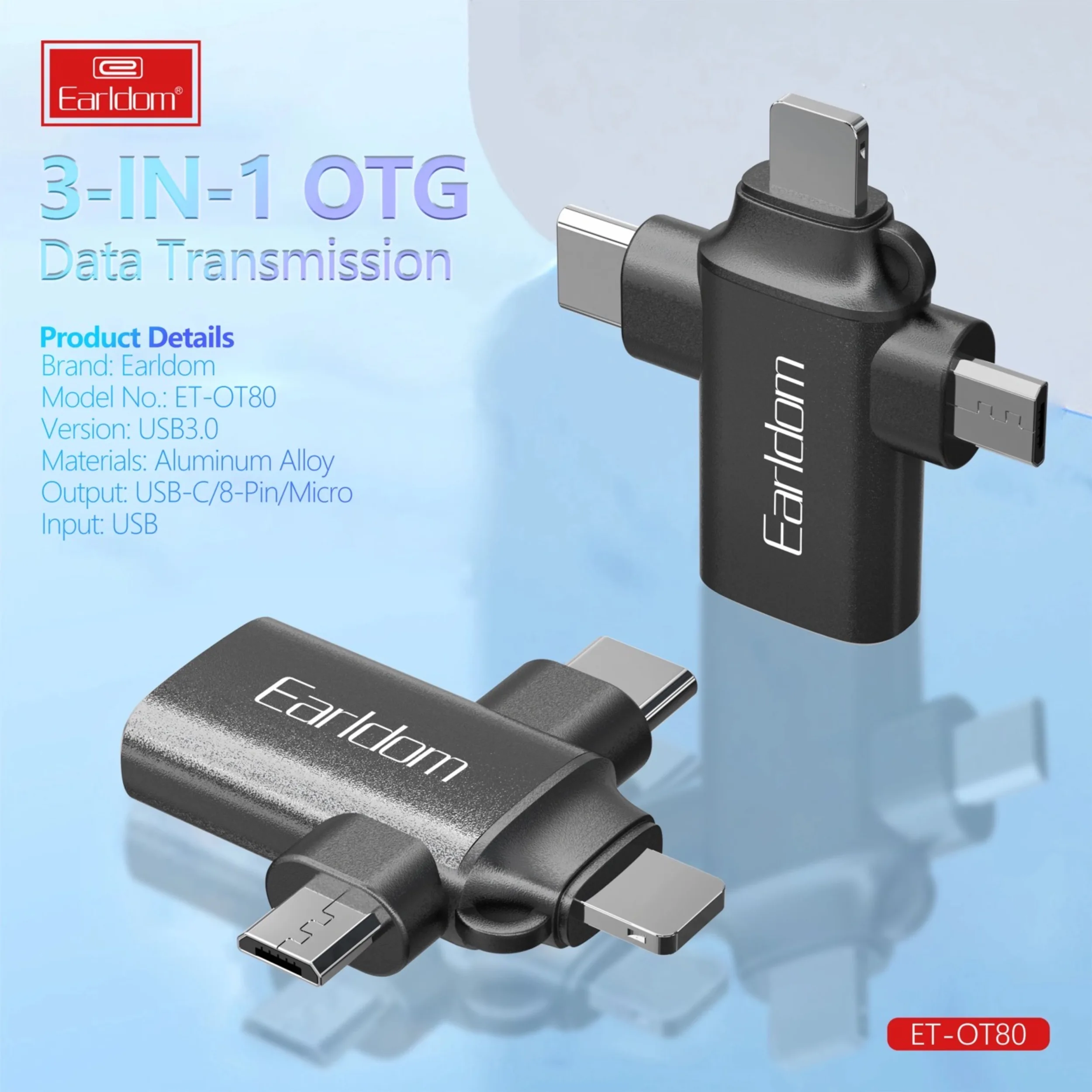 مبدل USB OTG به microUSB / لایتنینگ / USB-C ارلدام مدل ET-OT80