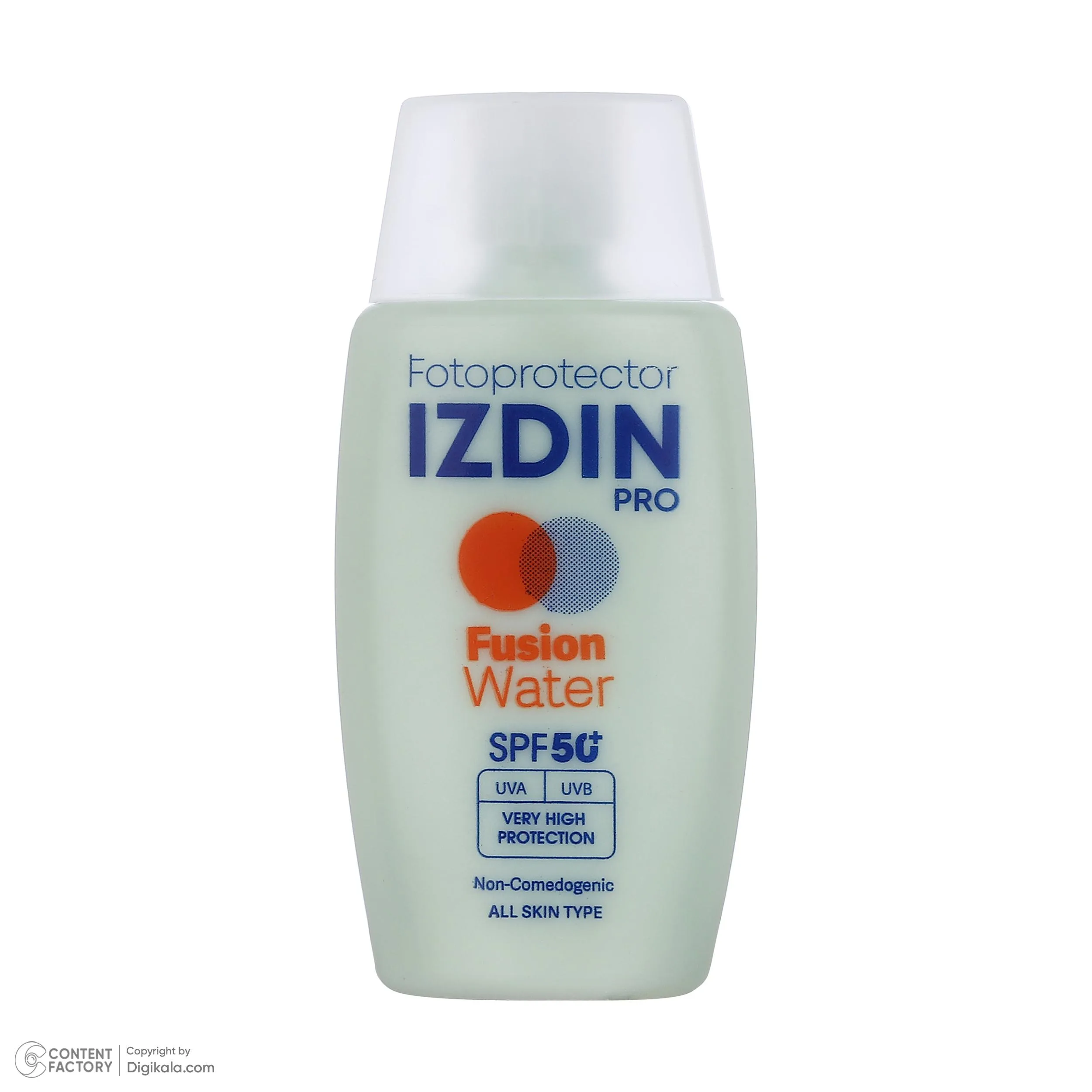 فلوئید ضد آفتاب بیرنگ صورت و گردن ایزدین پرو SPF 50 مدل Fusion Water محافظ در برابر اشعه UVA و UVB مناسب برای انواع پوست حجم 50 میلیلیتر