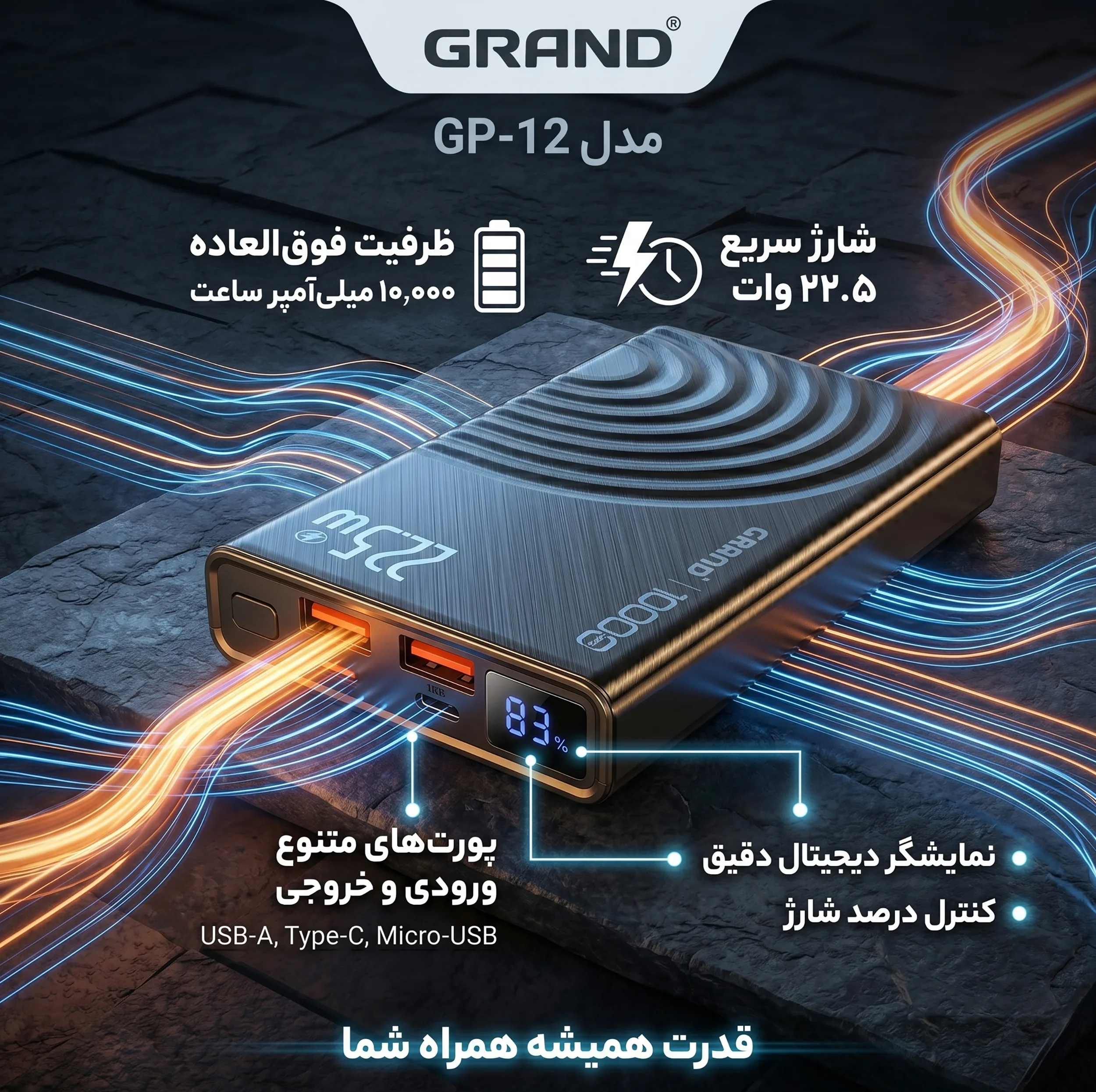پاوربانک 22.5 وات گرند اسکای مدل GP-12 ظرفیت 10000 میلی‌آمپرساعت
