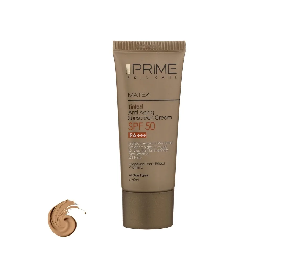 کرم ضد آفتاب رنگی پرایم SPF 50 مدل aging محافظ UVA ،UVB و PA+++، ضد چروک و ضد پیری مناسب انواع پوست حجم 40 میلیلیتر