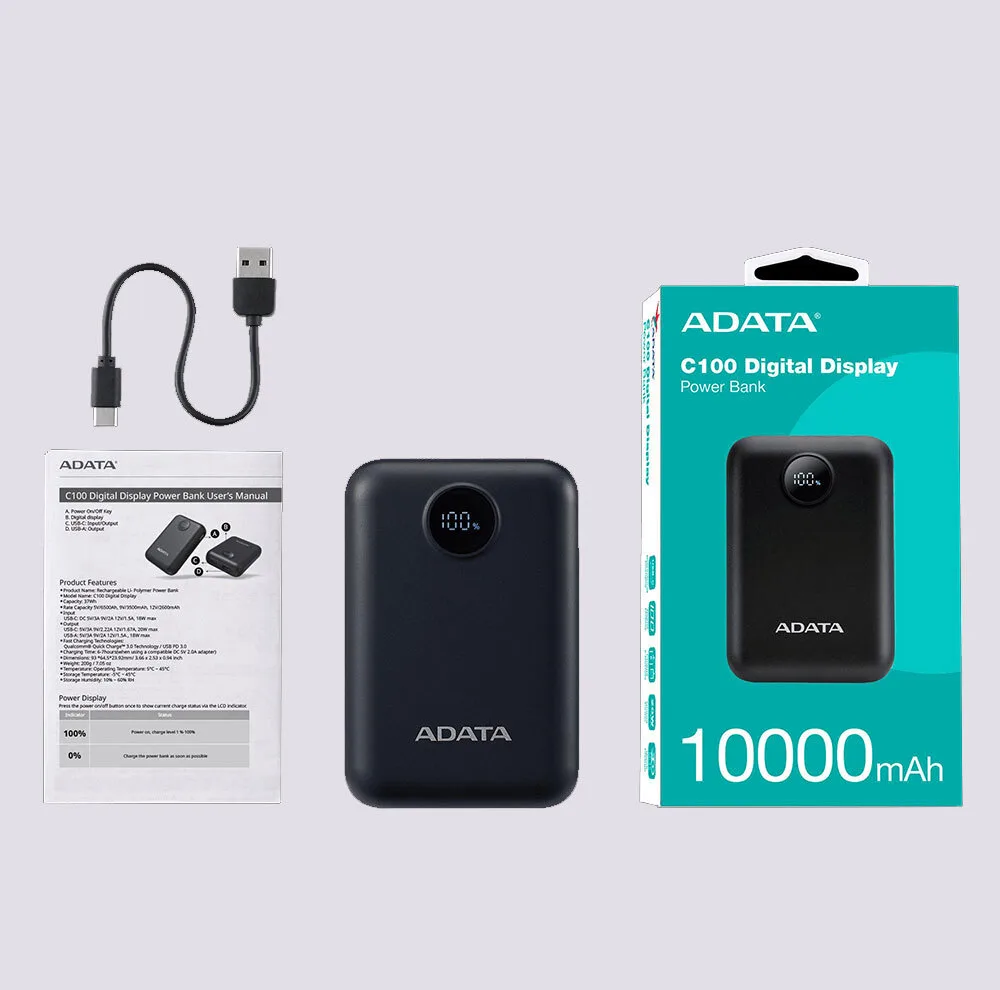 پاوربانک 20 وات ای دیتا مدل C100 Digital Display ظرفیت 10000 میلی‌آمپرساعت