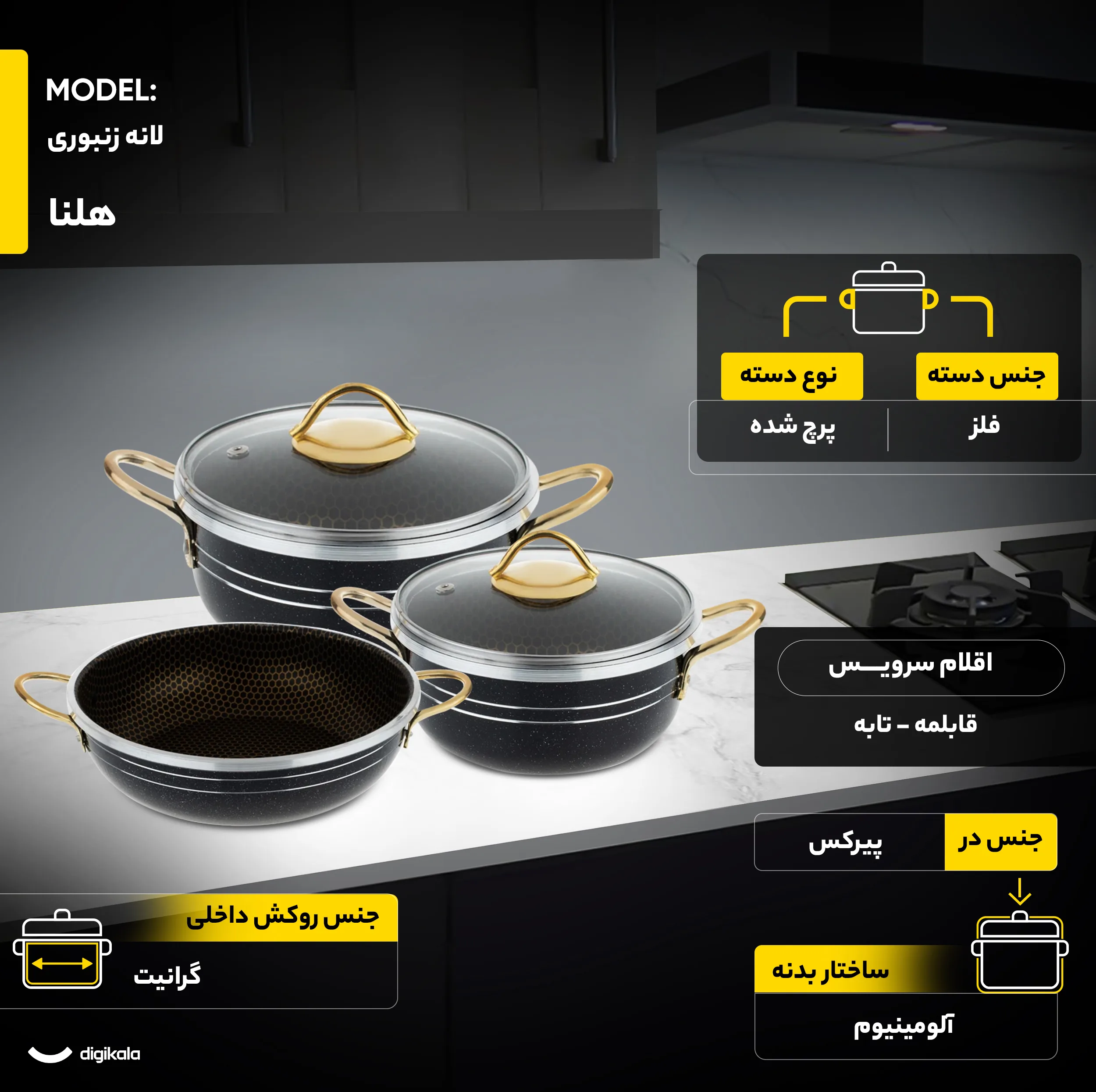 سرویس پخت و پز 14 پارچه هلنا طرح چدن مدل لانه زنبوری