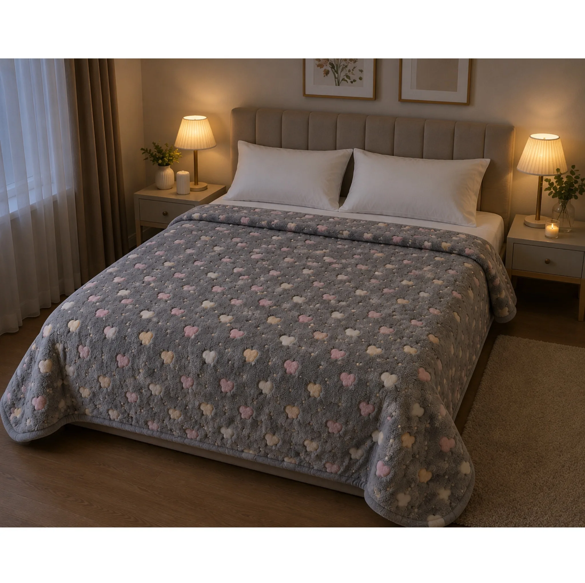 پتو مسافرتی 2 نفره مدل شب نما طرح قلب سایز 240x220 سانتیمتر