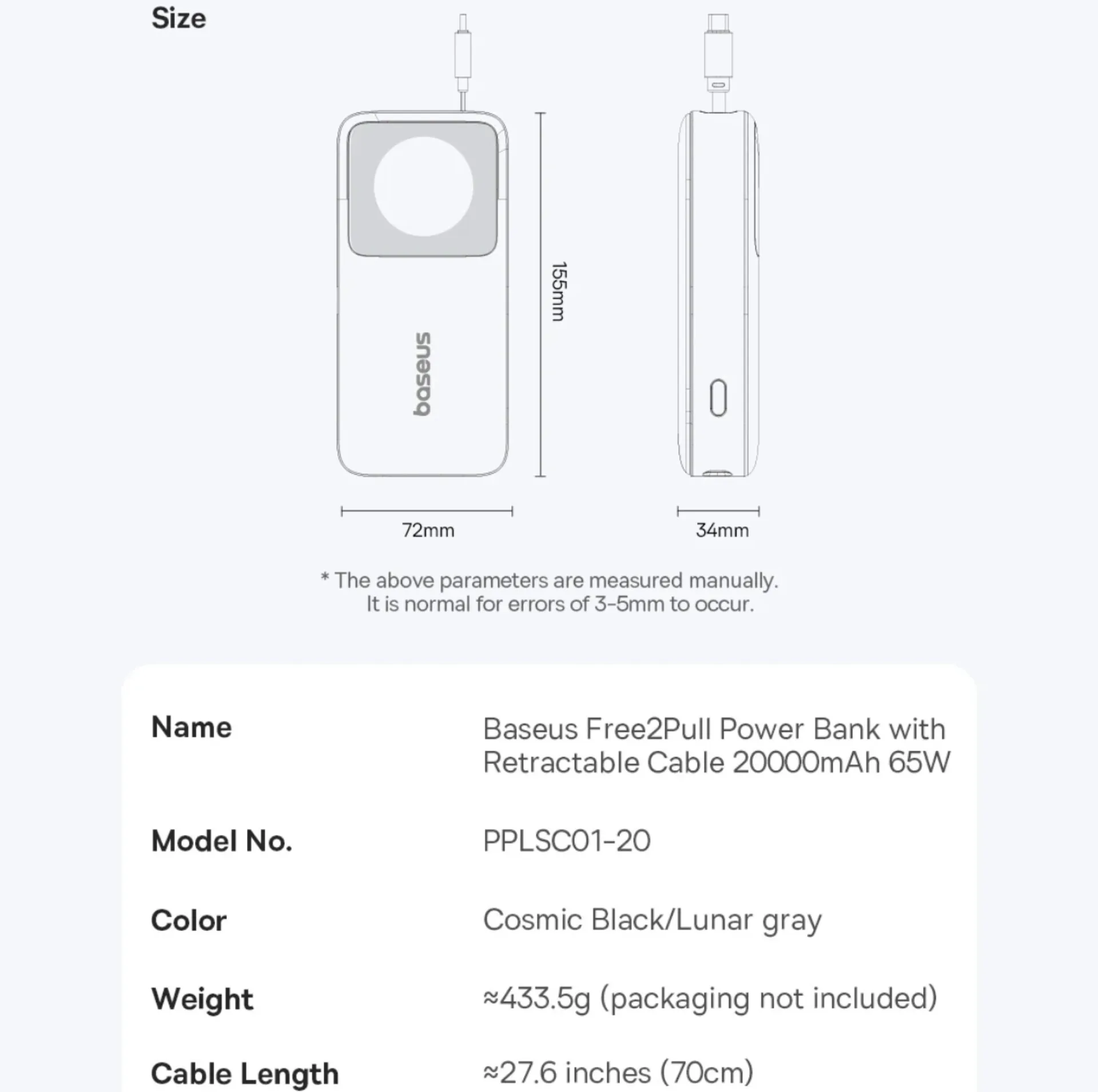 پاوربانک بیسوس مدل Free2Pull 65W ظرفیت 20000 میلی آمپر ساعت به همراه کابل USB-C