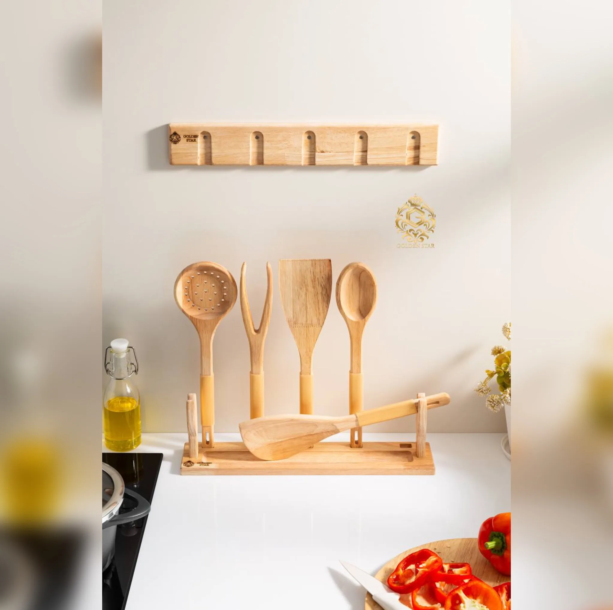 سرویس کفگیر و ملاقه چوبی 7 پارچه گلدن استار مدل مگنتی