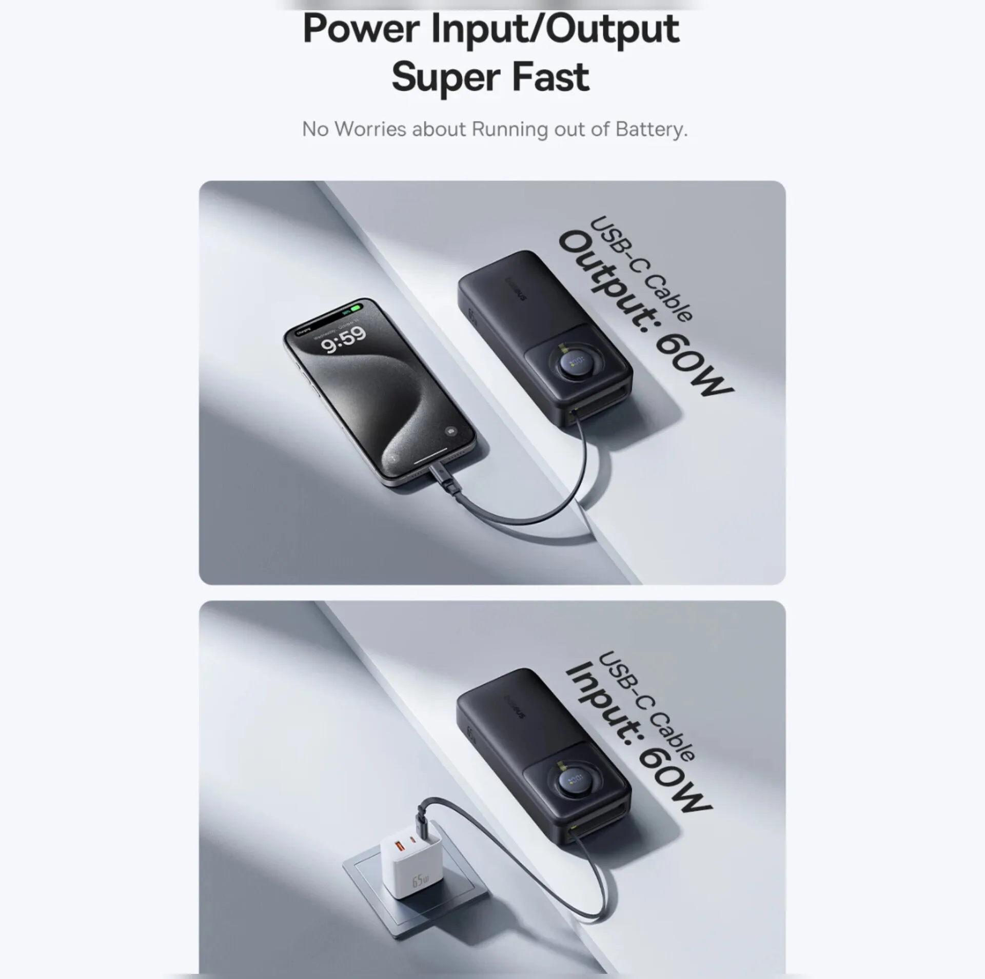 پاوربانک بیسوس مدل Free2Pull 65W ظرفیت 20000 میلی آمپر ساعت به همراه کابل USB-C