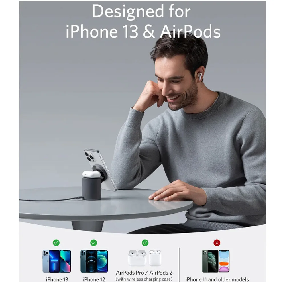 شارژر بی‌سیم 7.5 وات انکر مدل B2568 به همراه شارژر دیواری 20 وات انکر و کابل USB-C به USB-C