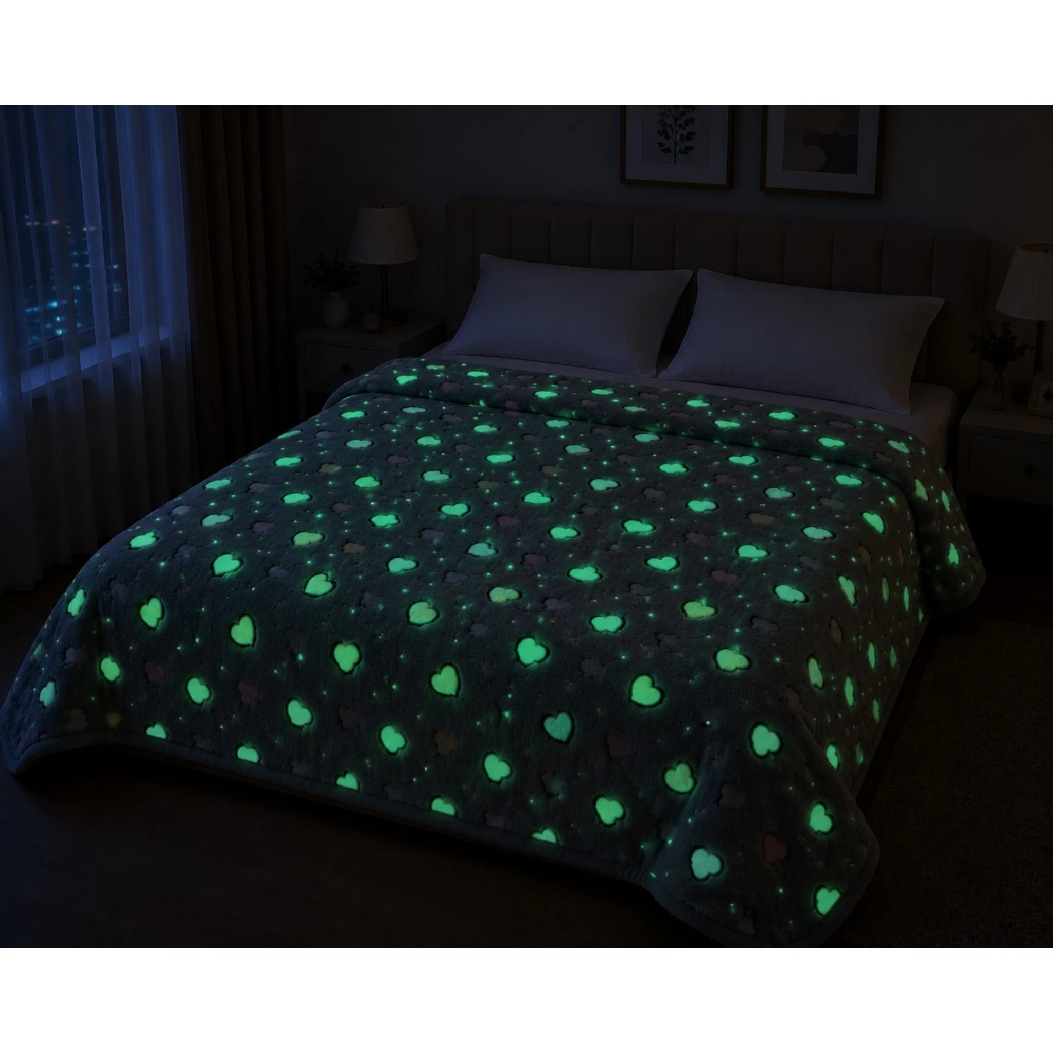 پتو مسافرتی 2 نفره مدل شب نما طرح قلب سایز 240x220 سانتیمتر